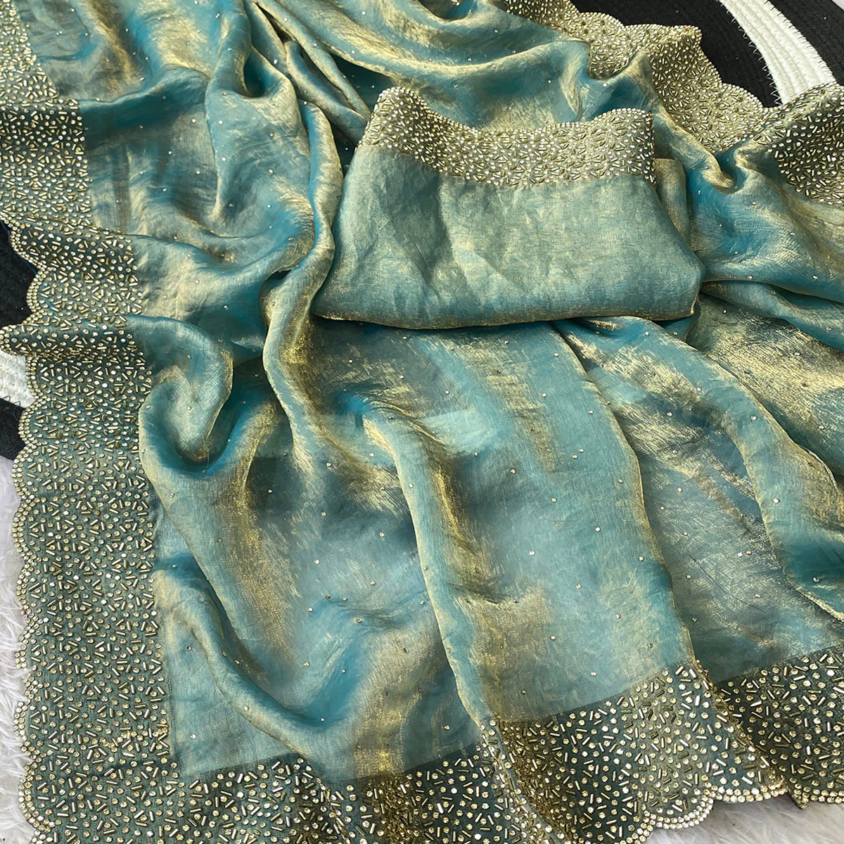 Blue Fandy Satin Saree Featuring Intricate Swarovski Work & Decorative Zarkan Border - Image 2