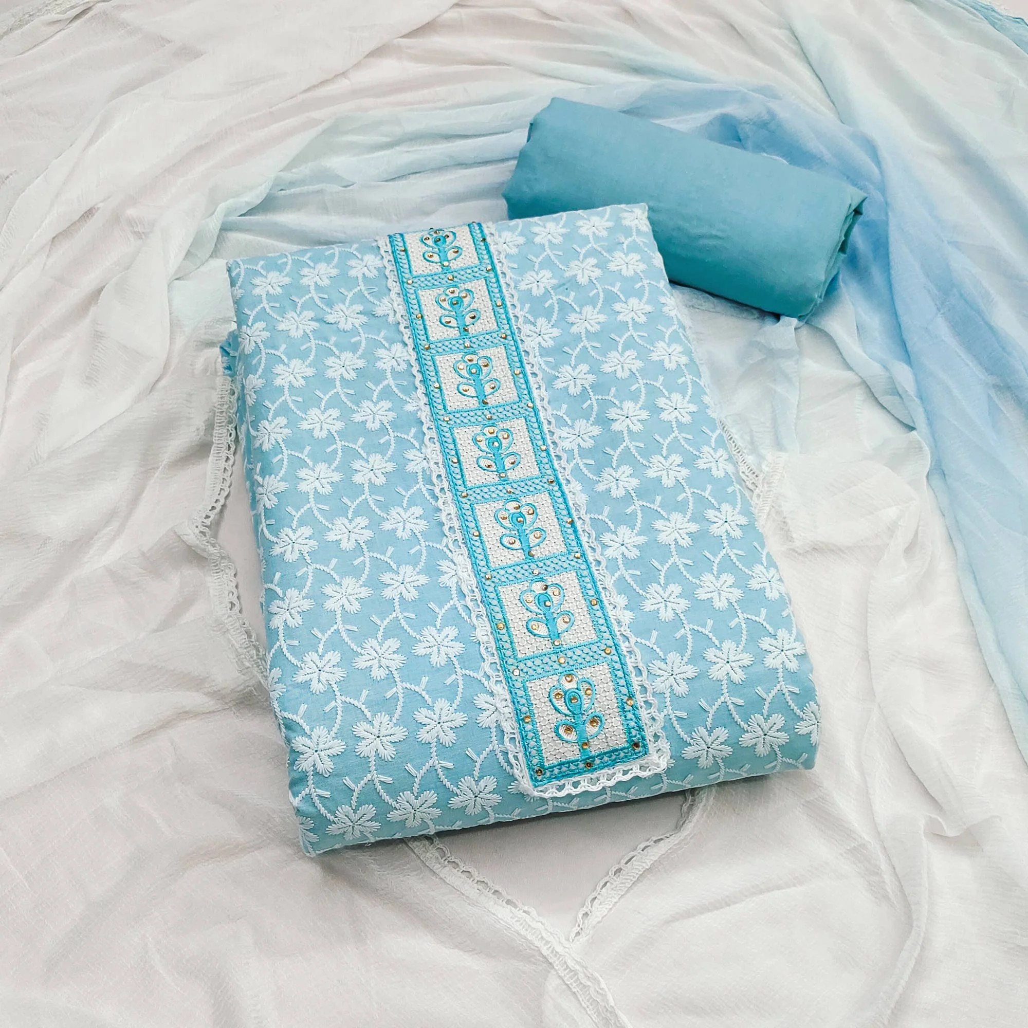 Blue Floral Chikankari Embroidered With Stone Work Dress Material In Premium Cotton Blend