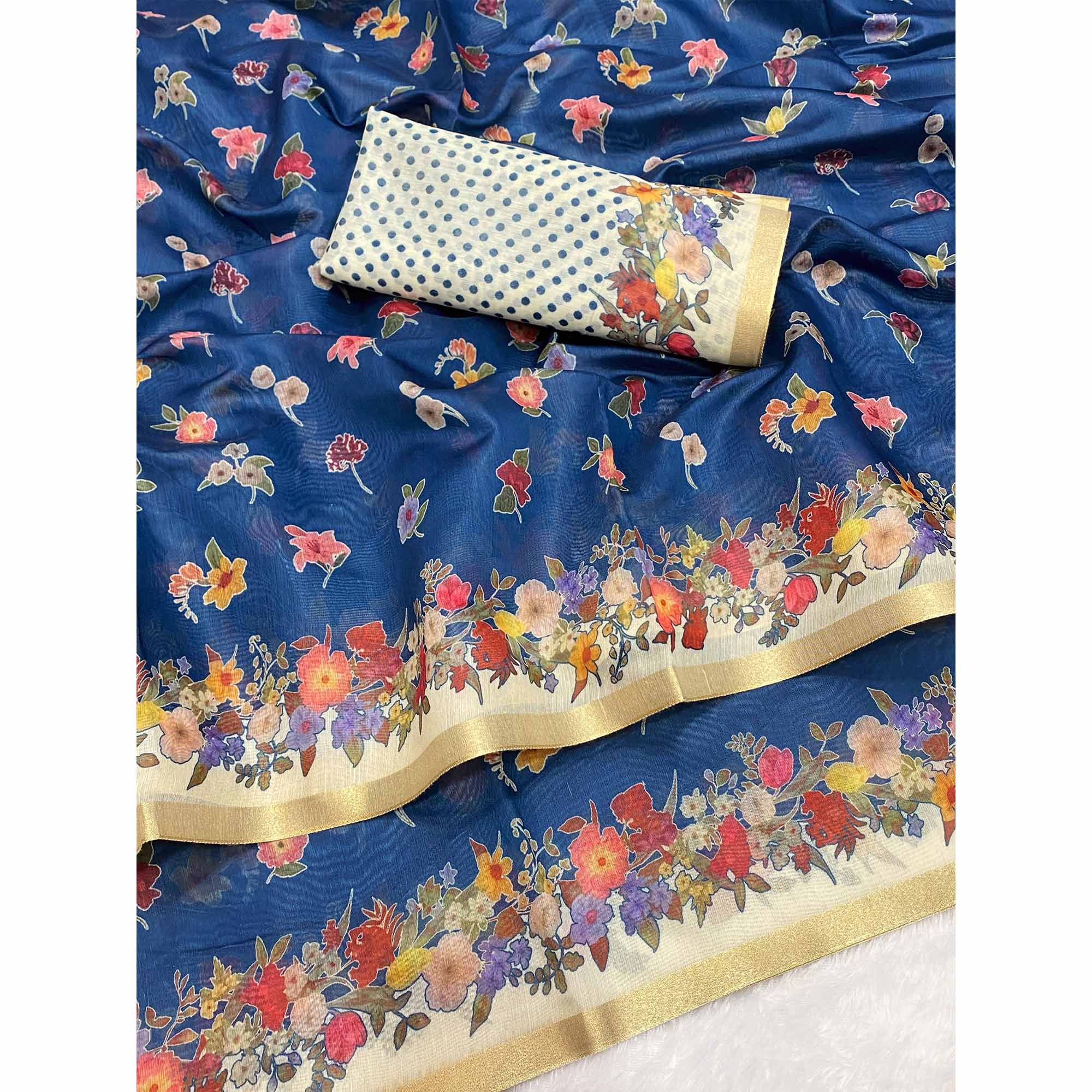 Blue Floral Digital Print Chanderi Cotton Saree Enhanced With Charming Zari Weaving Border - Image 4