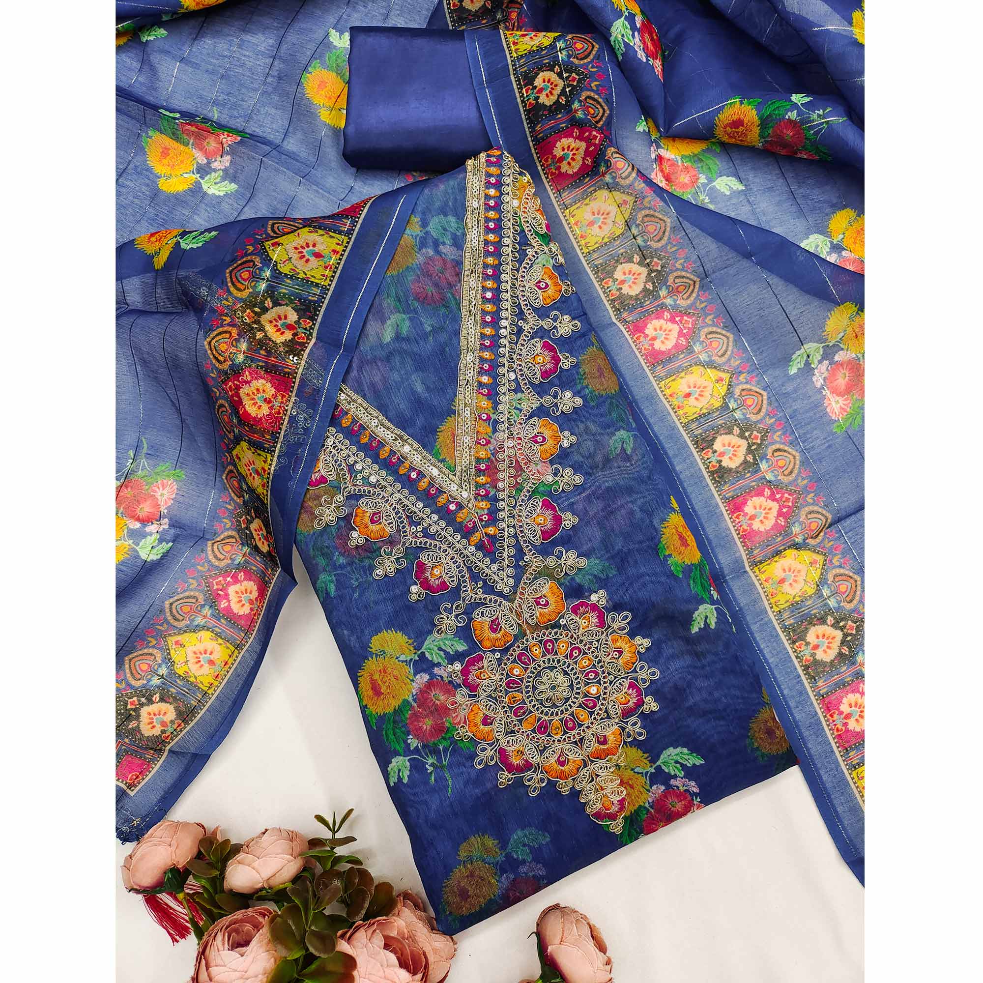 Blue Floral Digital Print Dress Material With Sequins & Cording Embroidery On Chanderi Silk - Image 3