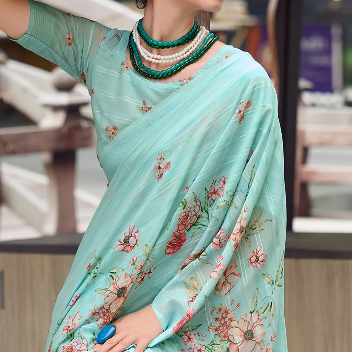 Blue Floral Digital Printed Georgette Saree - Image 2