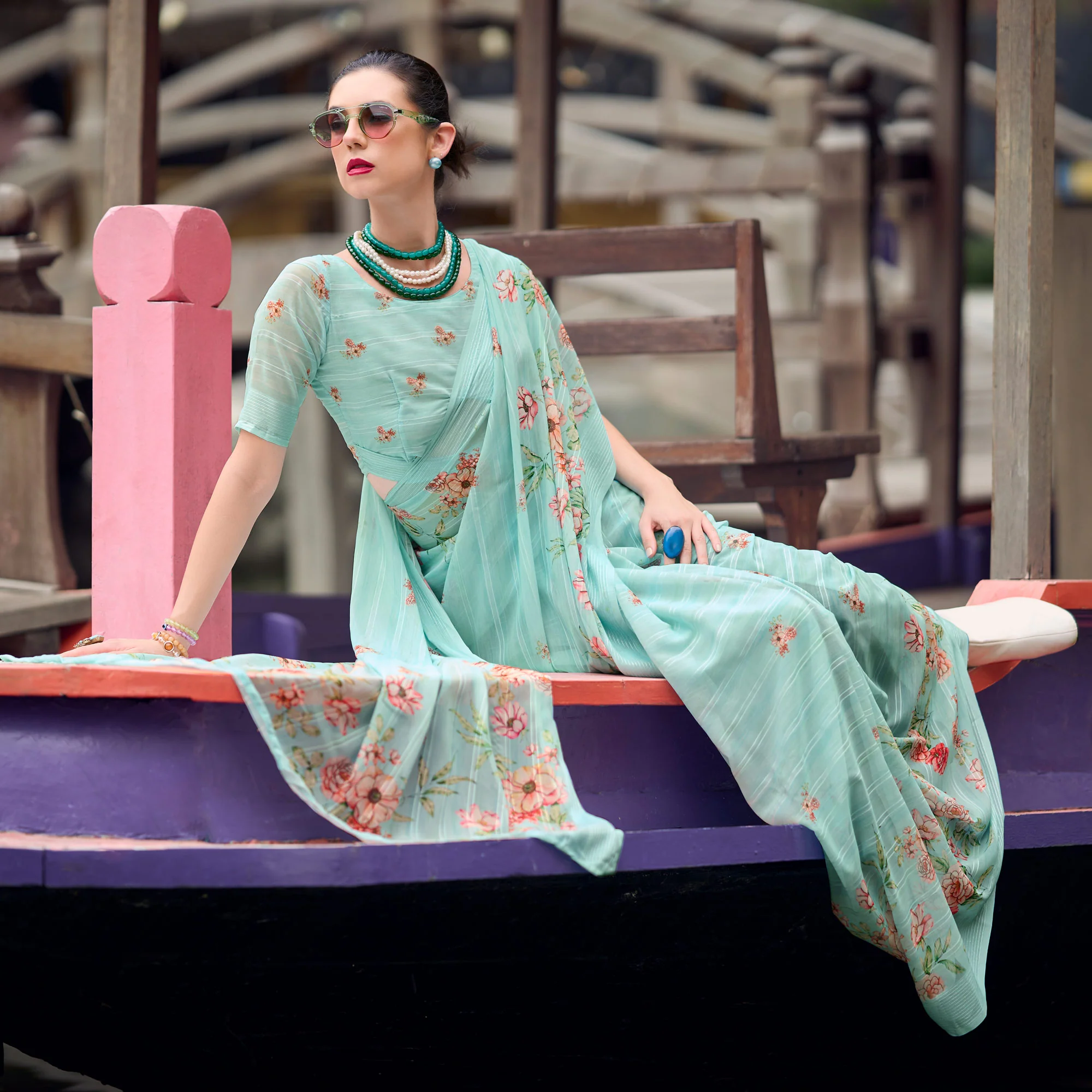 Blue Floral Digital Printed Georgette Saree - Image 3