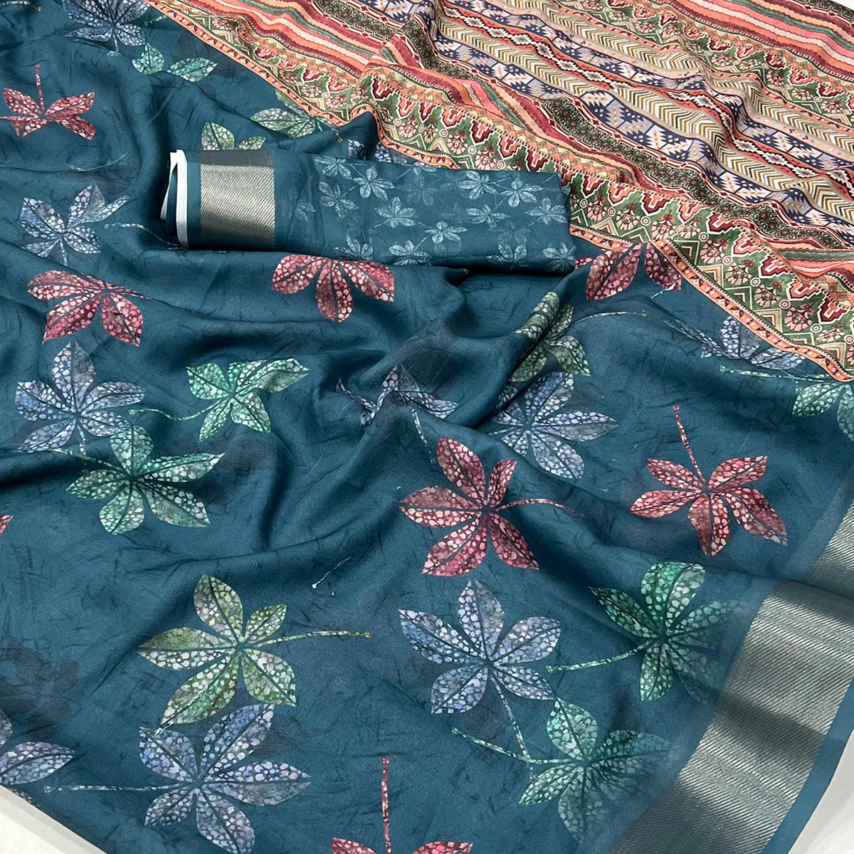 Blue Floral Digital Printed Georgette Saree With Zari Border - Image 2