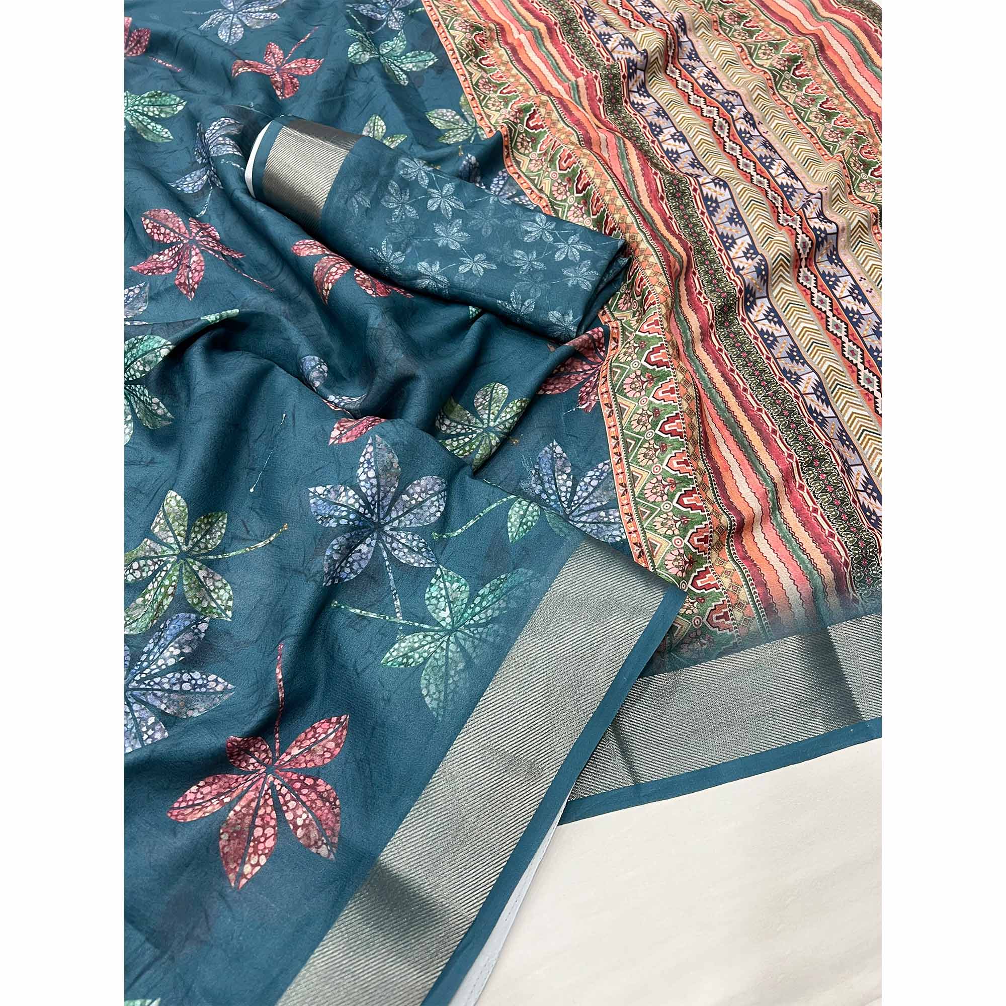 Blue Floral Digital Printed Georgette Saree With Zari Border - Image 3