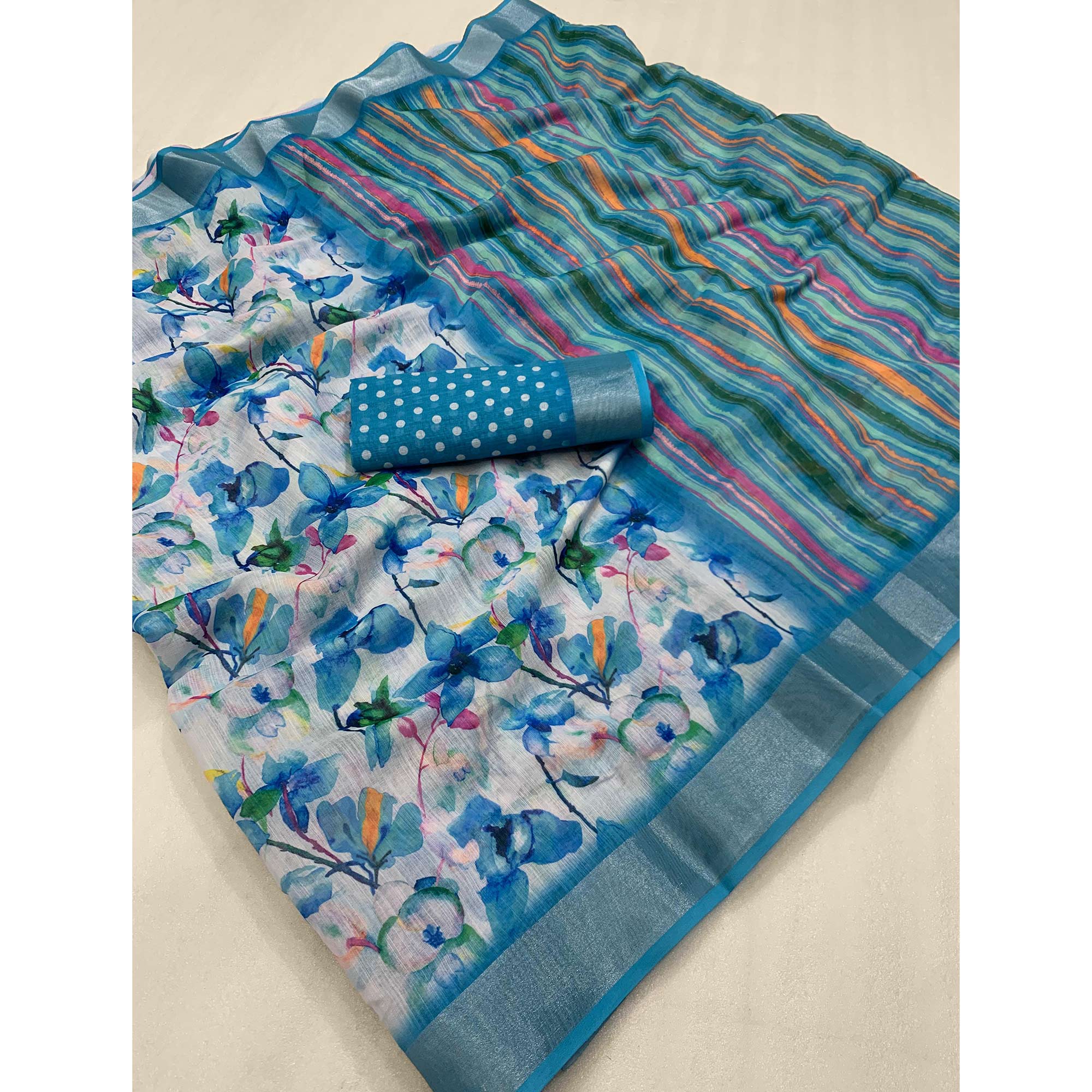 Blue Floral Digital Printed Linen Saree - Image 3