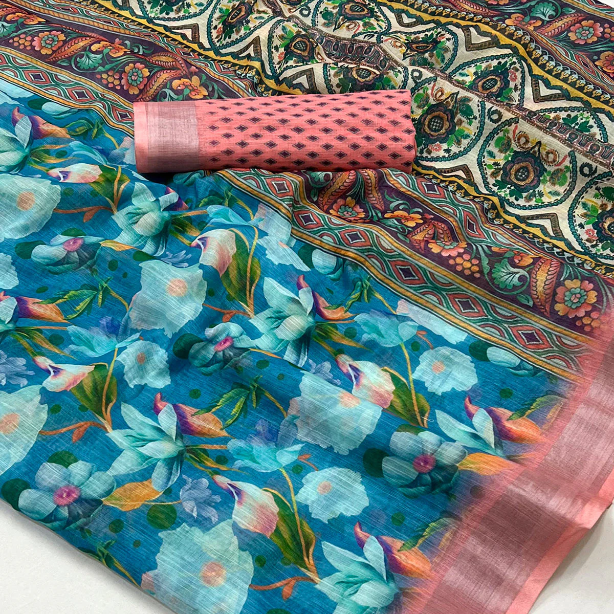 Blue Floral Digital Printed Linen Saree With Zari Border - Image 2