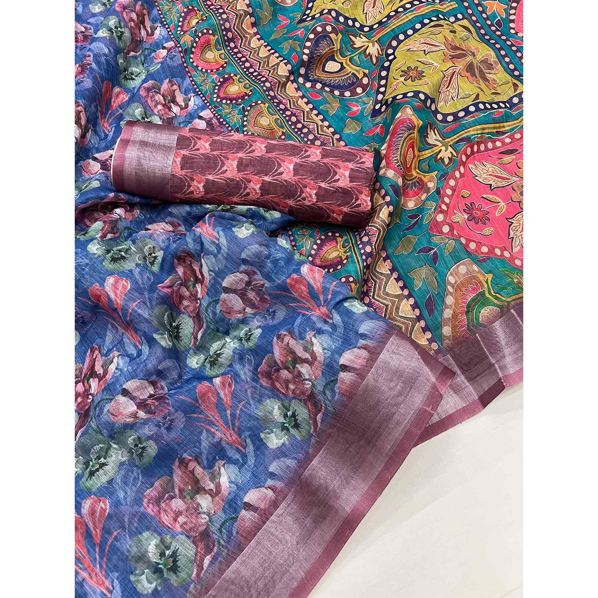 Blue Floral Digital Printed Linen Saree With Zari Border - Image 3