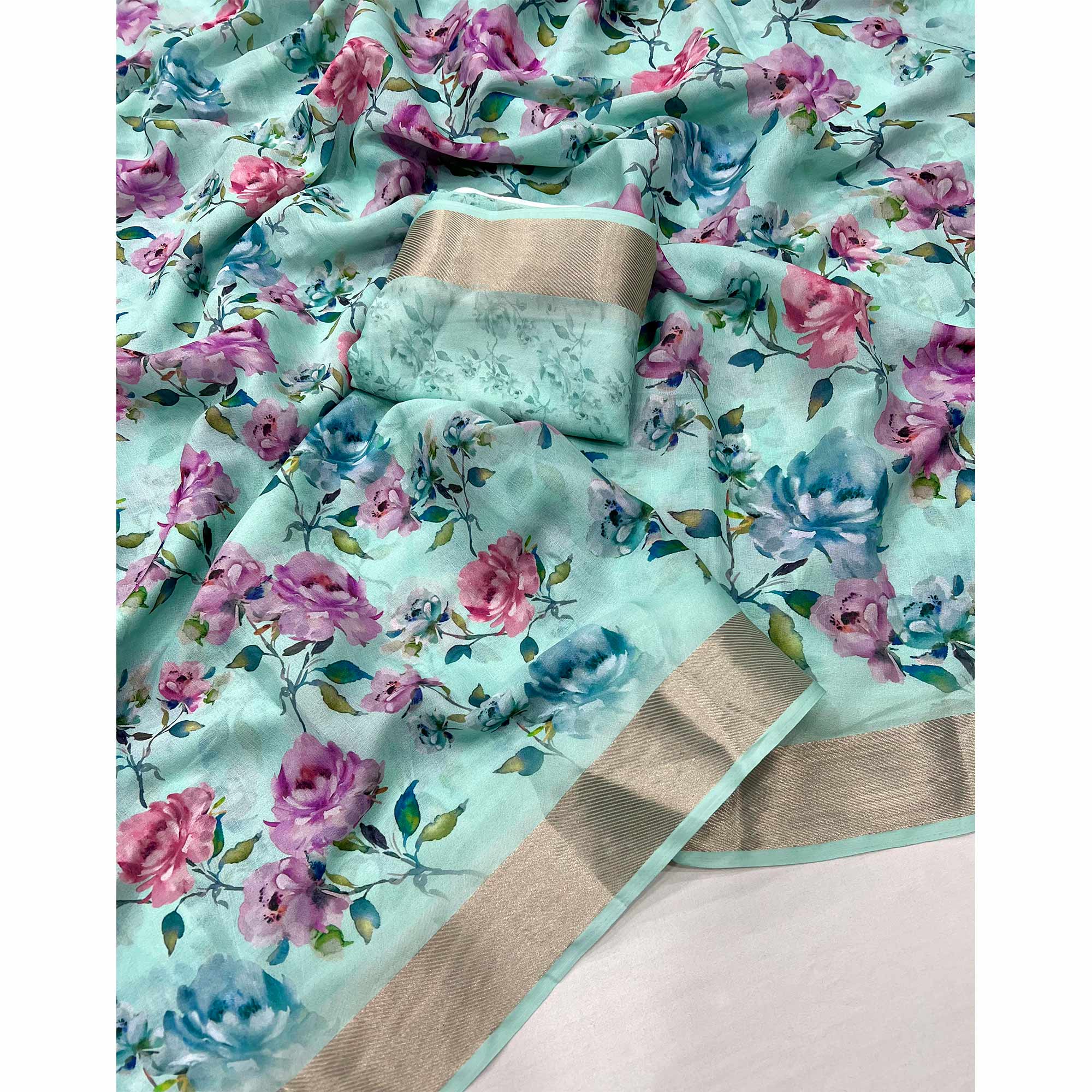 Blue Floral Digital Printed Moss Georgette Saree With Zari Border - Image 3