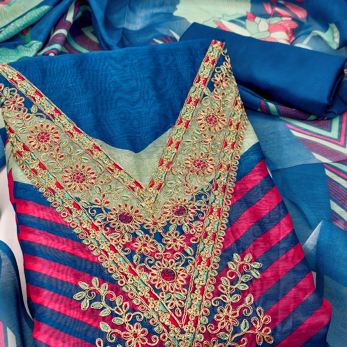 Blue Floral Digital Printed With Cording Embroidered Vichitra Silk Dress Material - Image 2