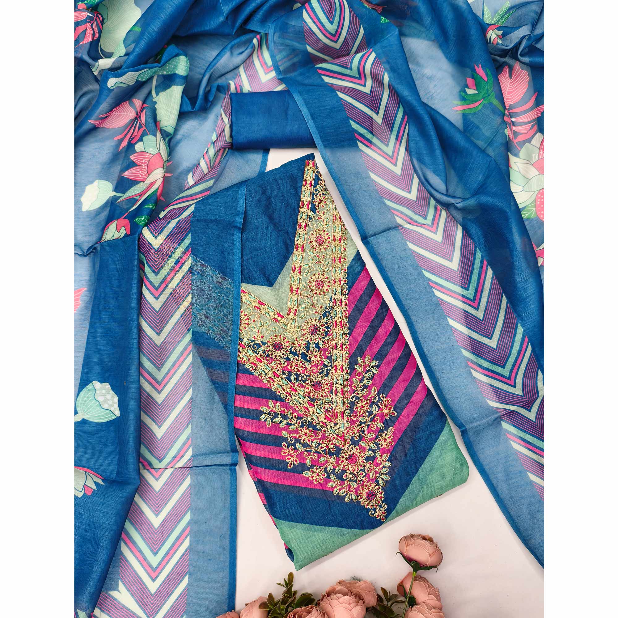 Blue Floral Digital Printed With Cording Embroidered Vichitra Silk Dress Material - Image 3