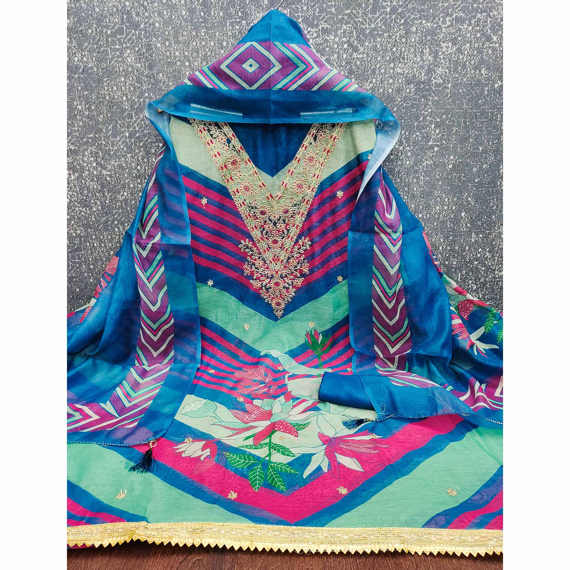Blue Floral Digital Printed With Cording Embroidered Vichitra Silk Dress Material - Image 4
