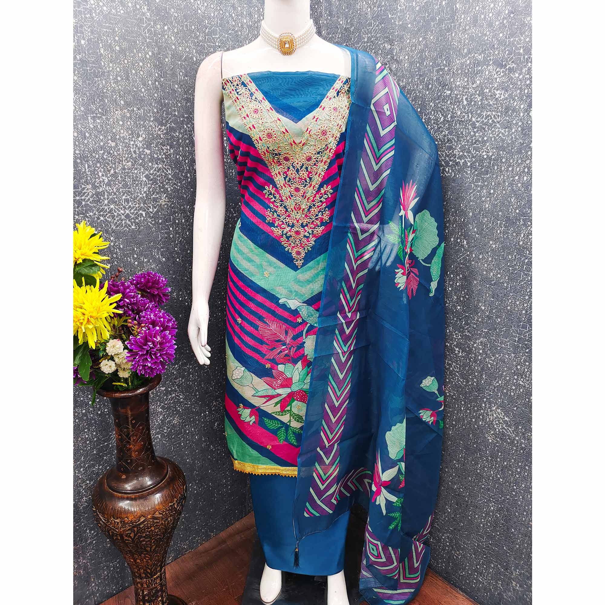 Blue Floral Digital Printed With Cording Embroidered Vichitra Silk Dress Material - Image 5