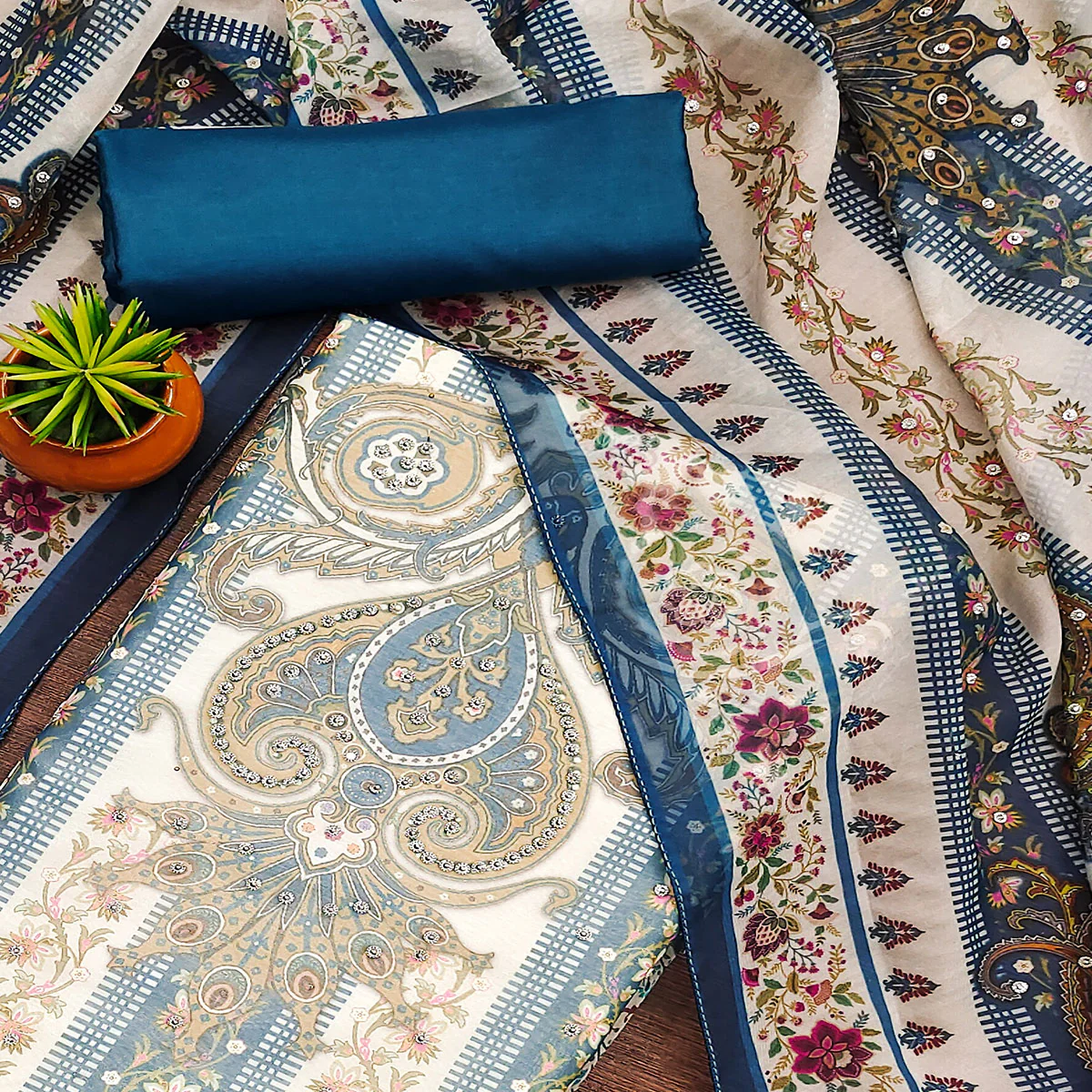 Blue Floral Digital Printed With Diamond Work Organza Dress Material - Image 2