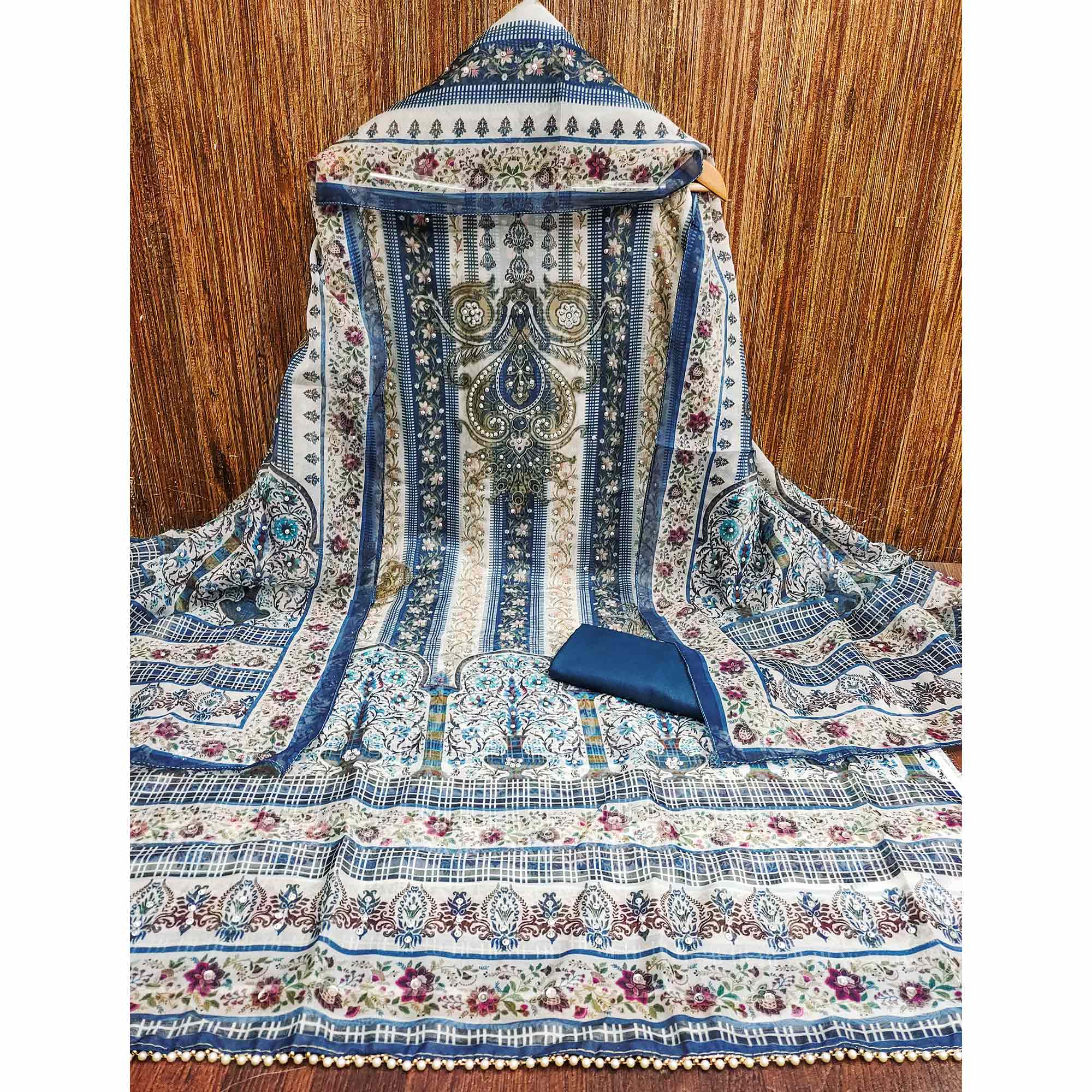 Blue Floral Digital Printed With Diamond Work Organza Dress Material - Image 3