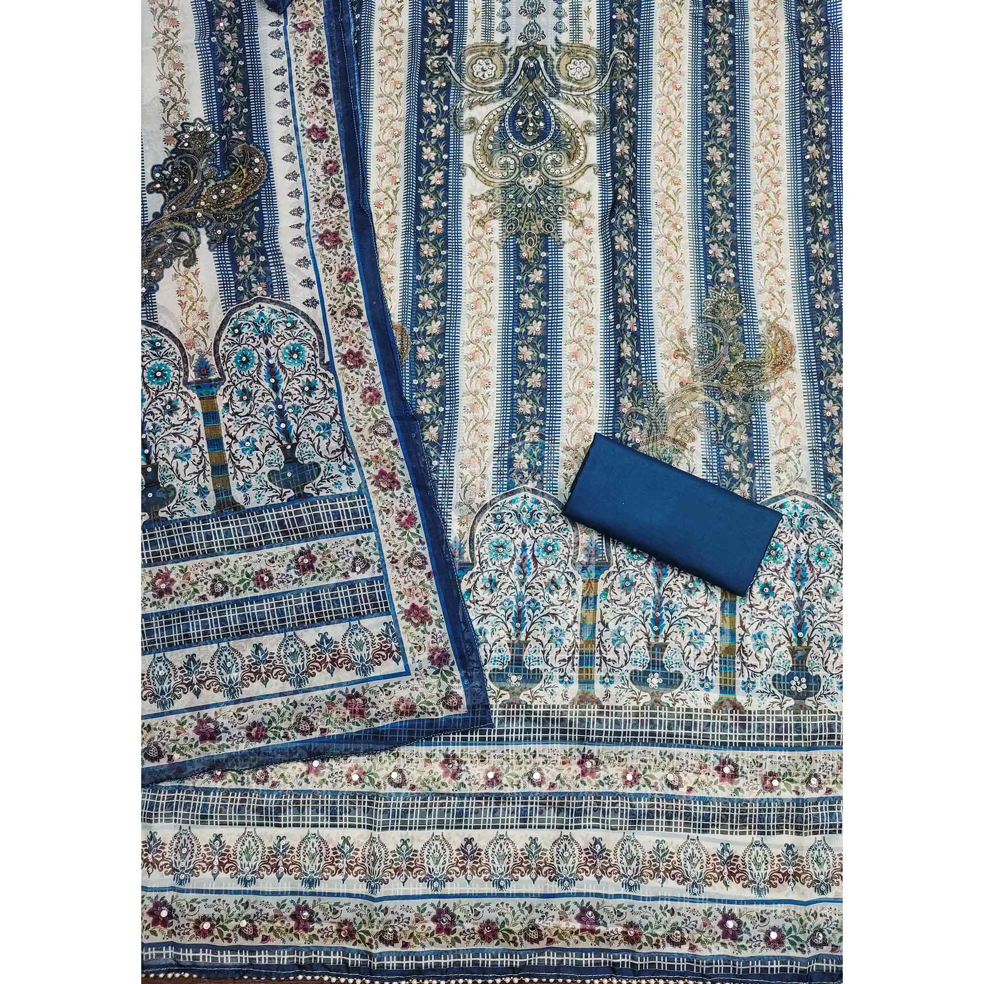 Blue Floral Digital Printed With Diamond Work Organza Dress Material - Image 4