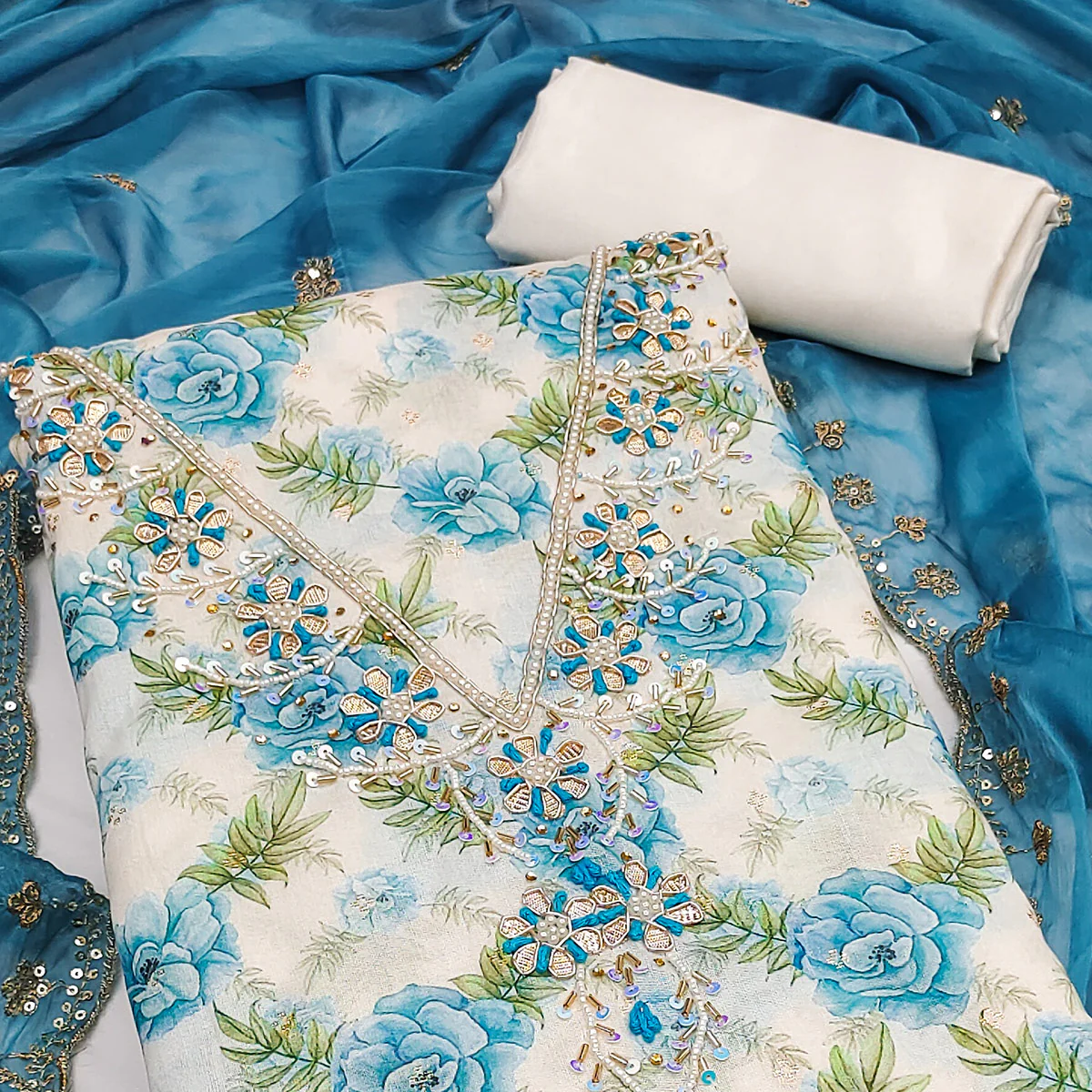 Blue Floral Digital Printed With Handwork Chanderi Silk Dress Material - Image 2
