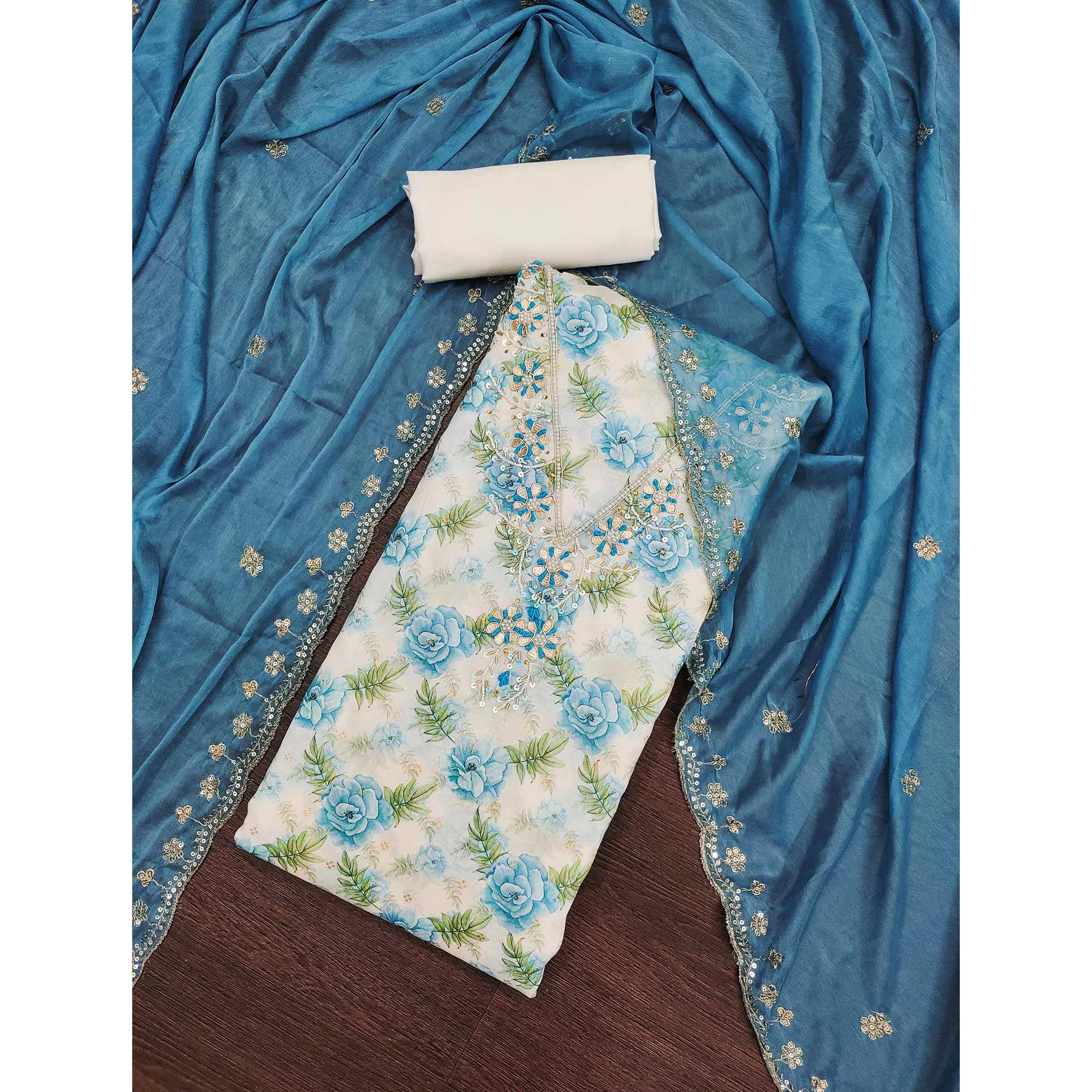 Blue Floral Digital Printed With Handwork Chanderi Silk Dress Material - Image 3