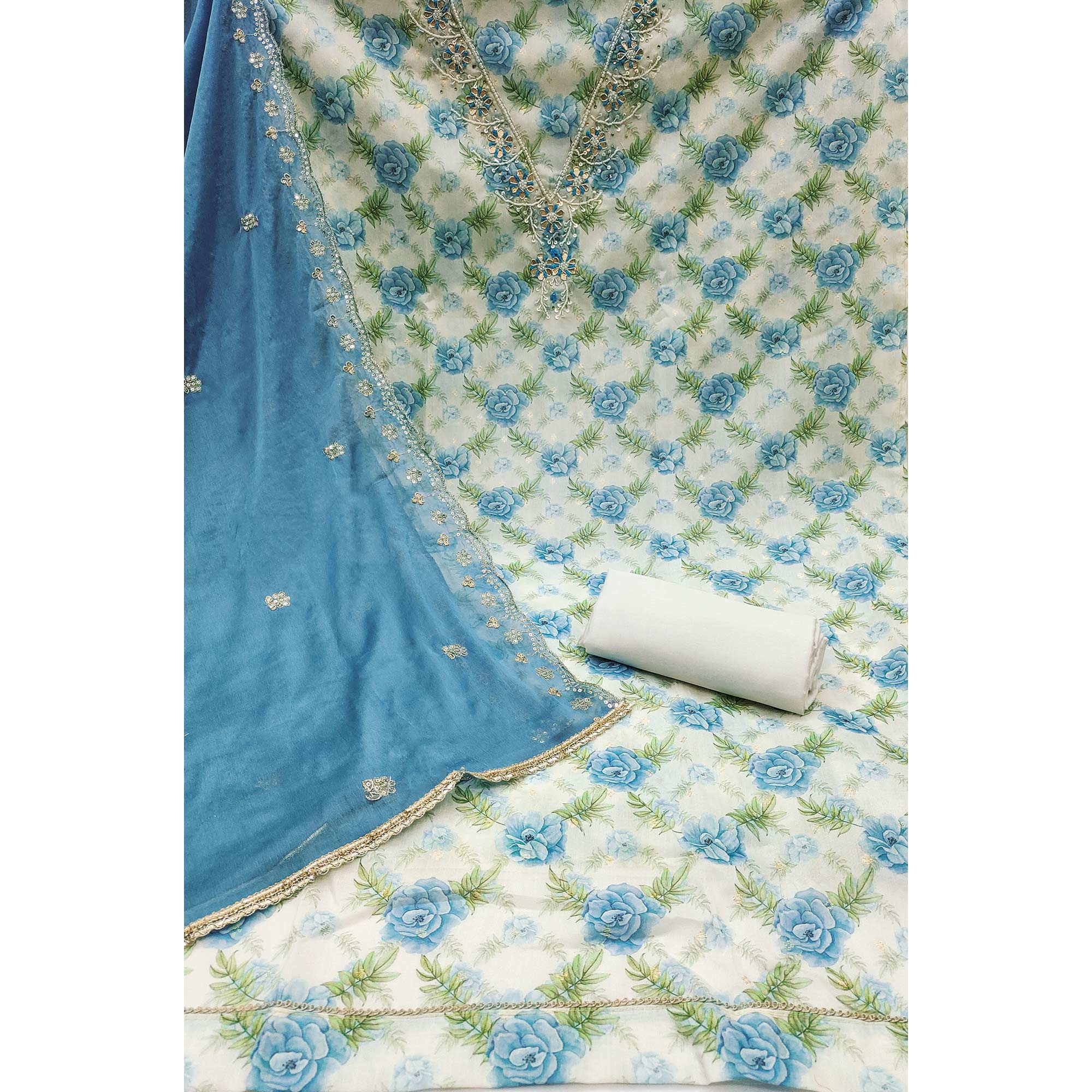 Blue Floral Digital Printed With Handwork Chanderi Silk Dress Material - Image 4
