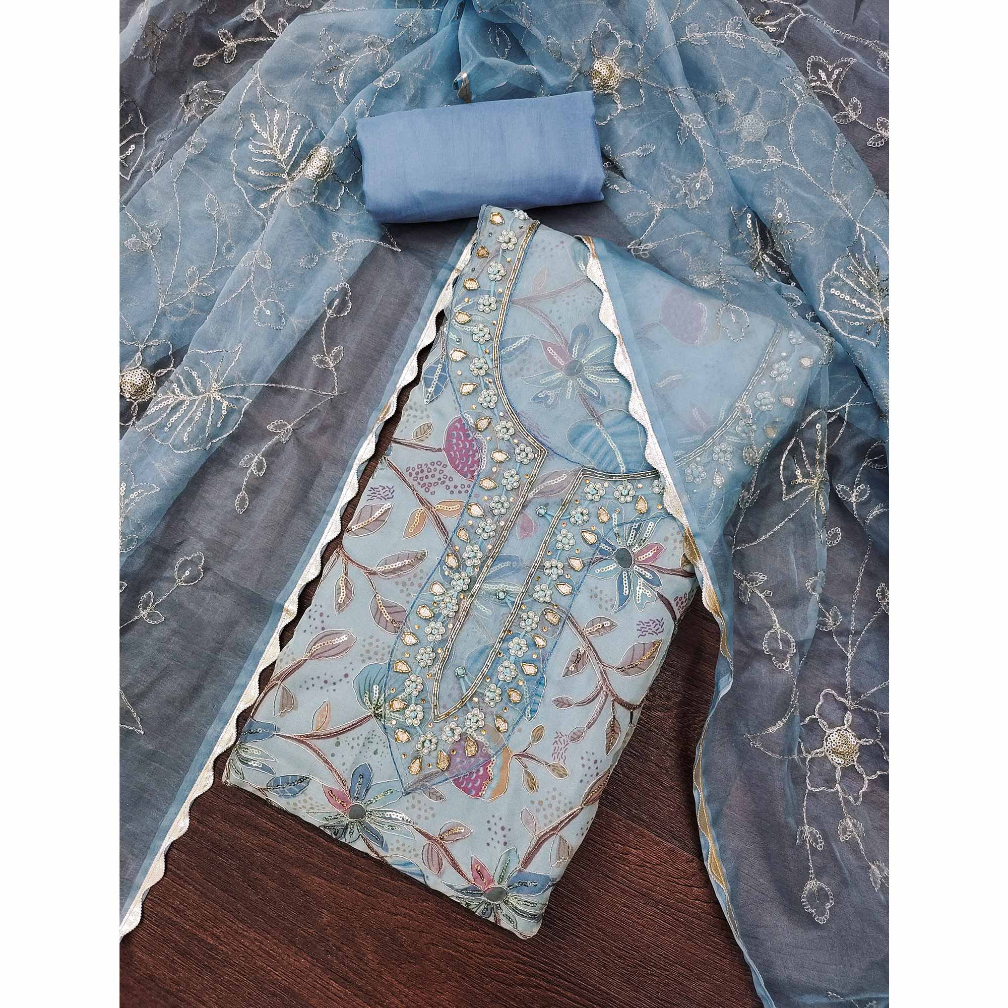 Blue Floral Elegance Dress Material With Handwork & Sequins On Organza - Image 3