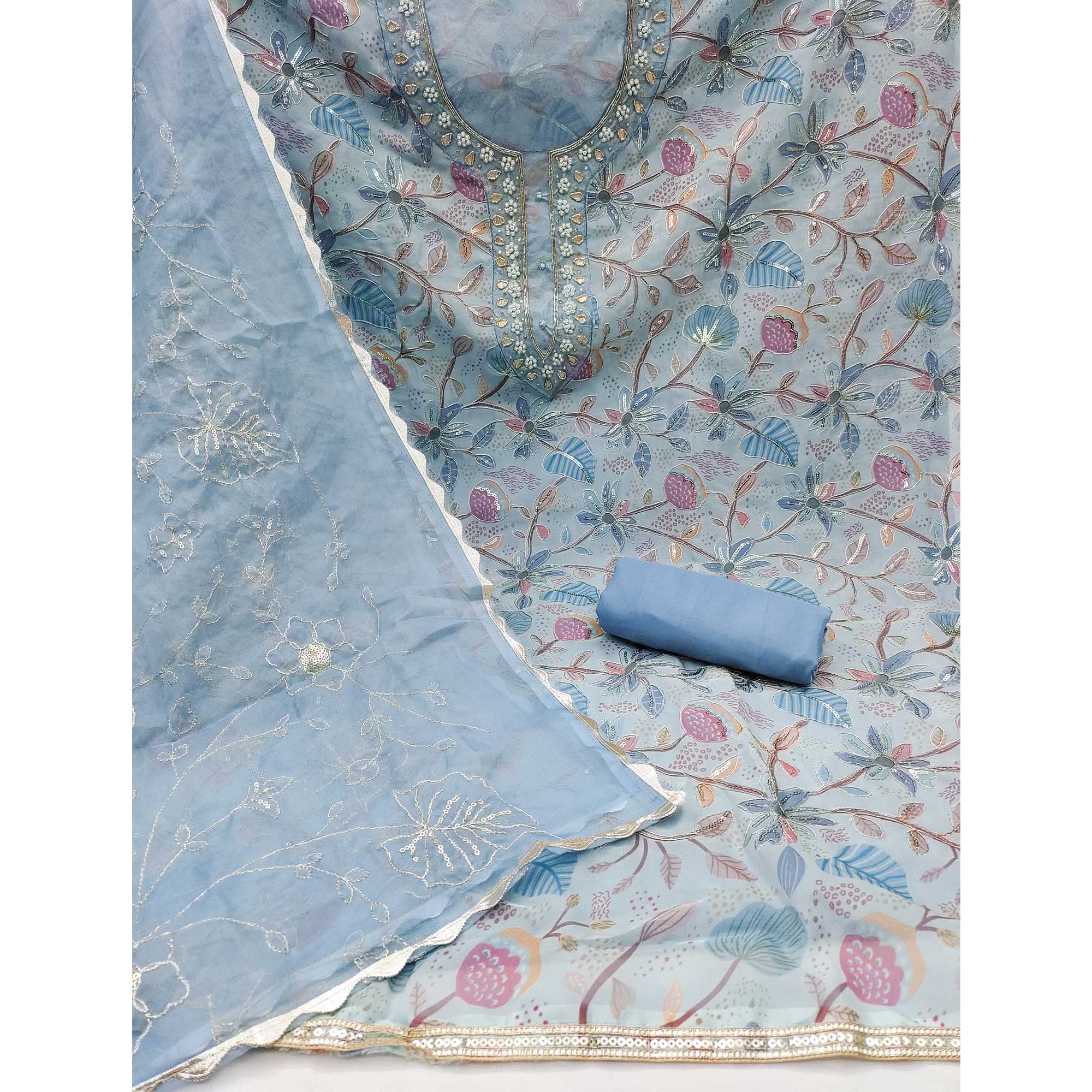 Blue Floral Elegance Dress Material With Handwork & Sequins On Organza - Image 4