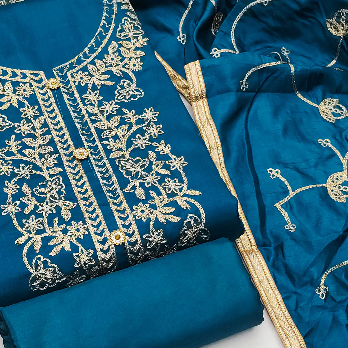 Blue Floral Embroidered Art Silk Dress Material - Image 2