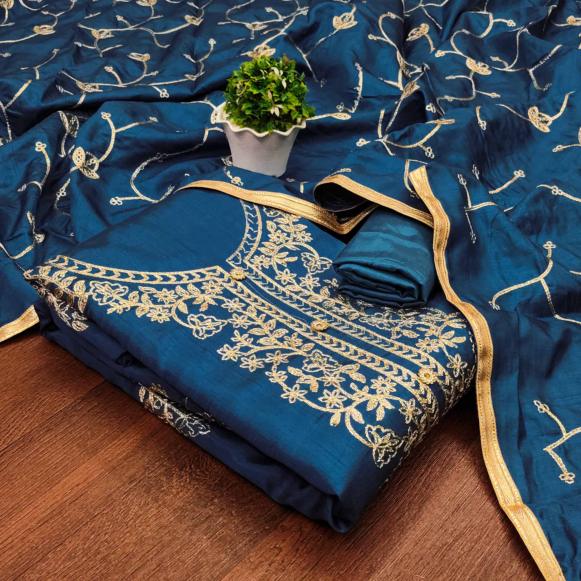 Blue Floral Embroidered Art Silk Dress Material - Image 3