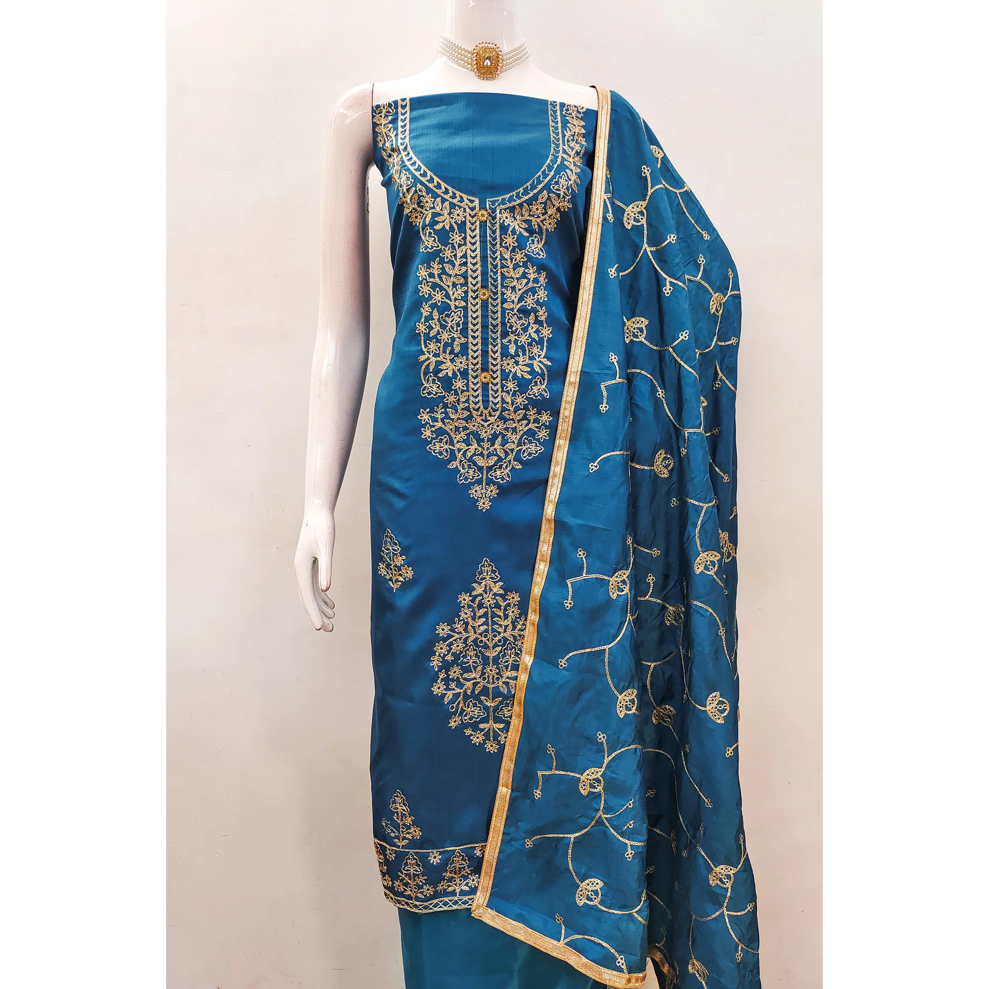 Blue Floral Embroidered Art Silk Dress Material - Image 4