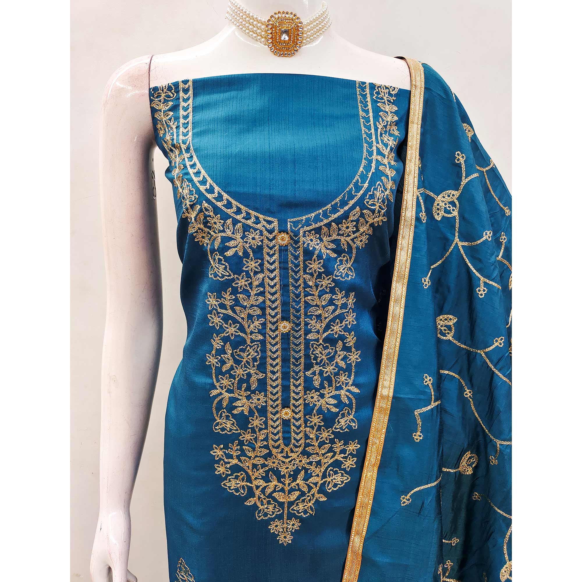 Blue Floral Embroidered Art Silk Dress Material - Image 5