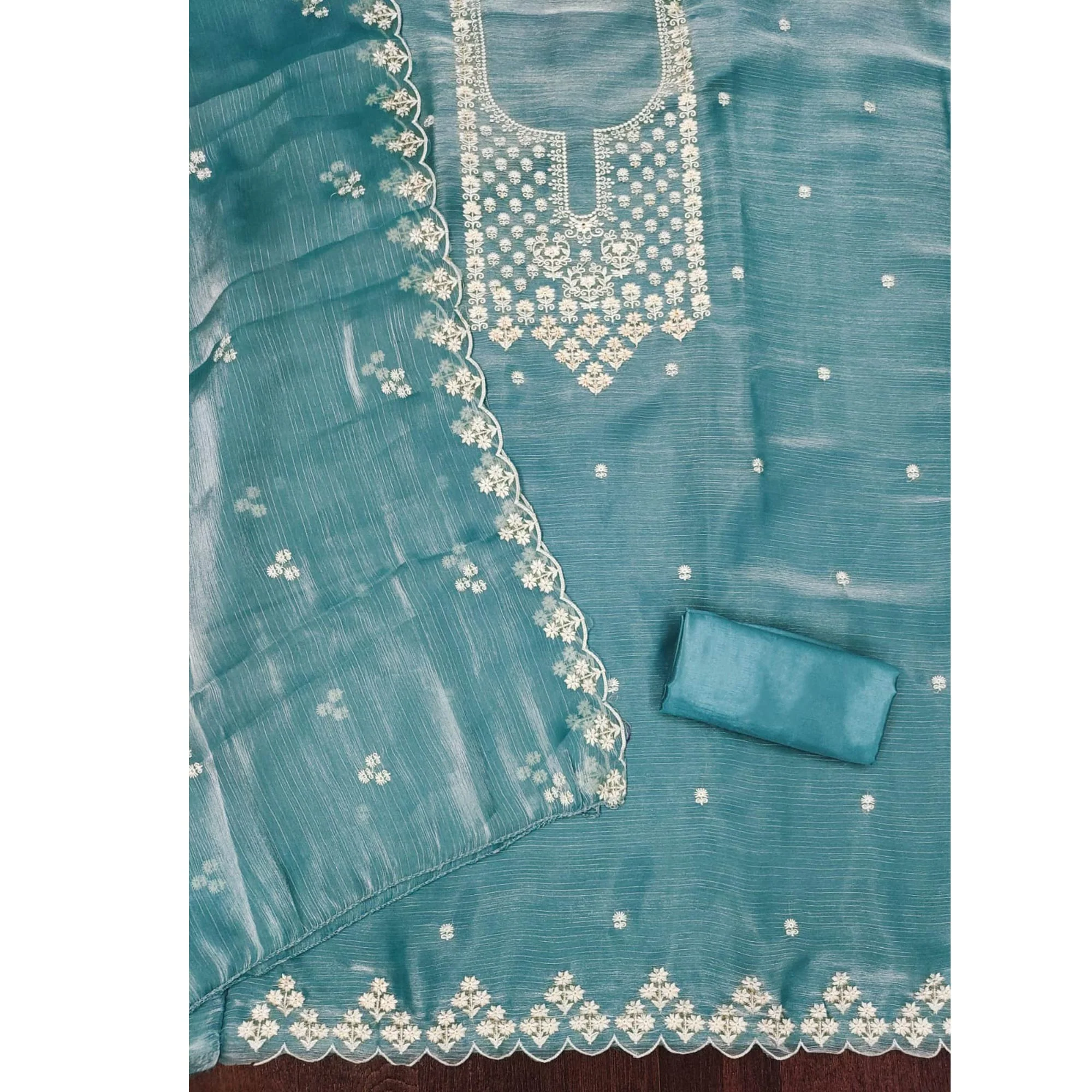 Blue Floral Embroidered Burberry Zoya Silk Dress Material - Image 4