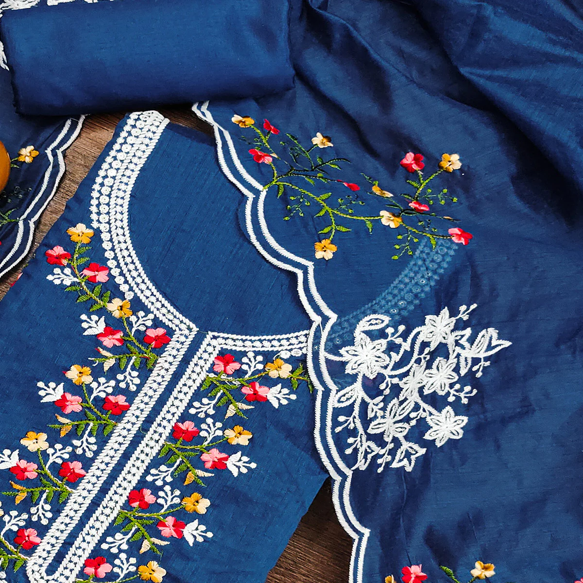 Blue Floral Embroidered Chanderi Cotton Dress Material - Image 2