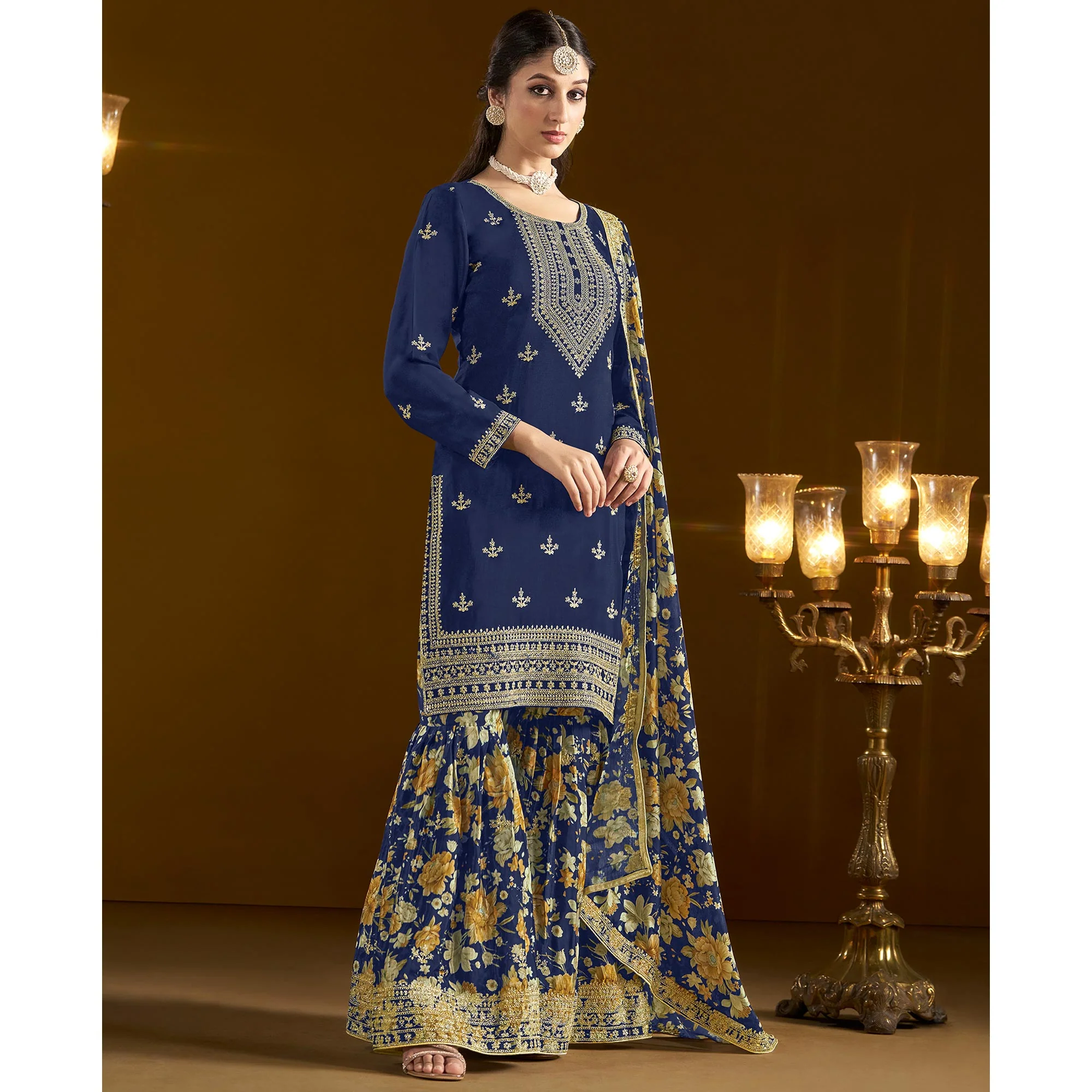 Blue Floral Embroidered Chinon Semi Stitched Salwar Suit - Image 5