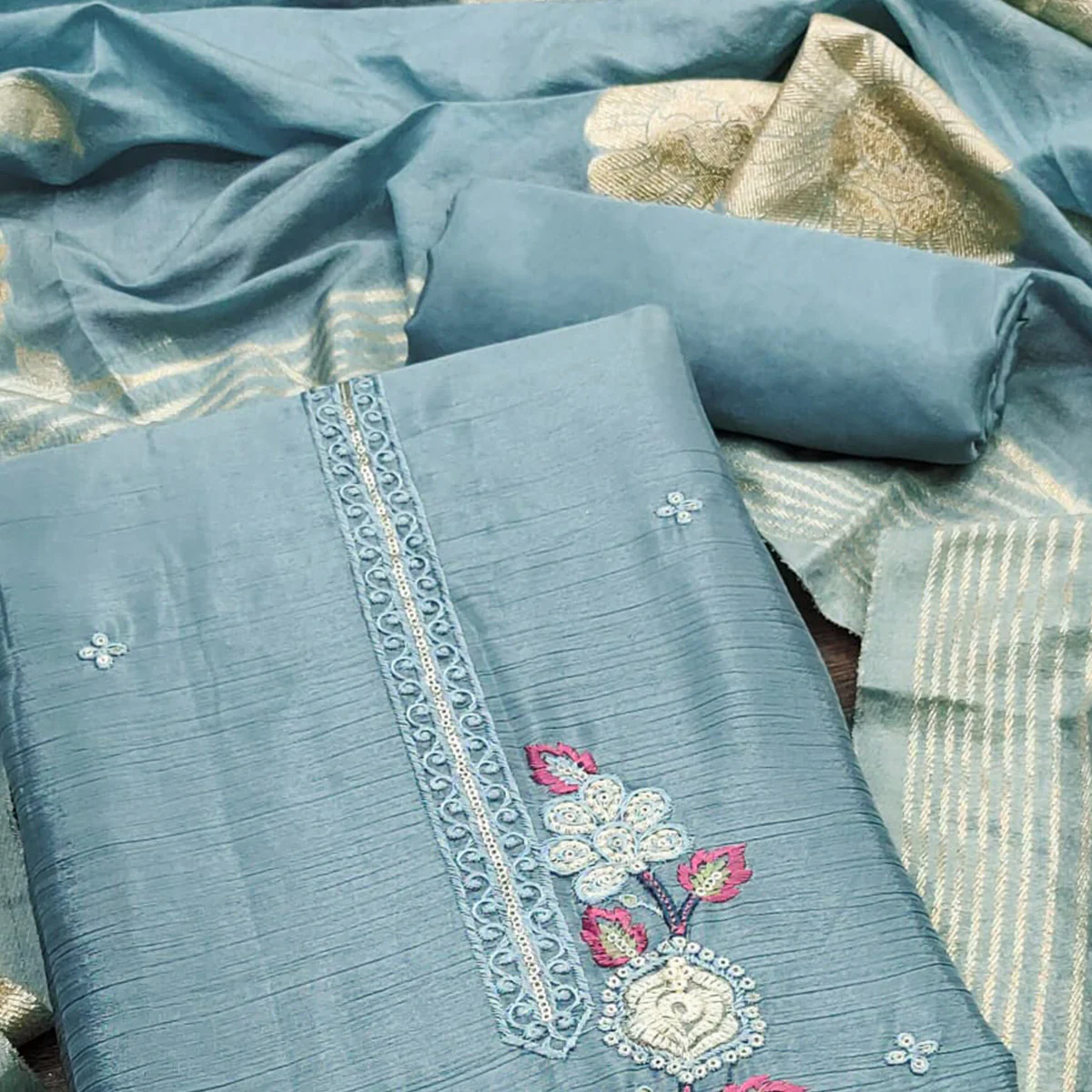 Blue Floral Embroidered Chinon Silk Dress Material - Image 2