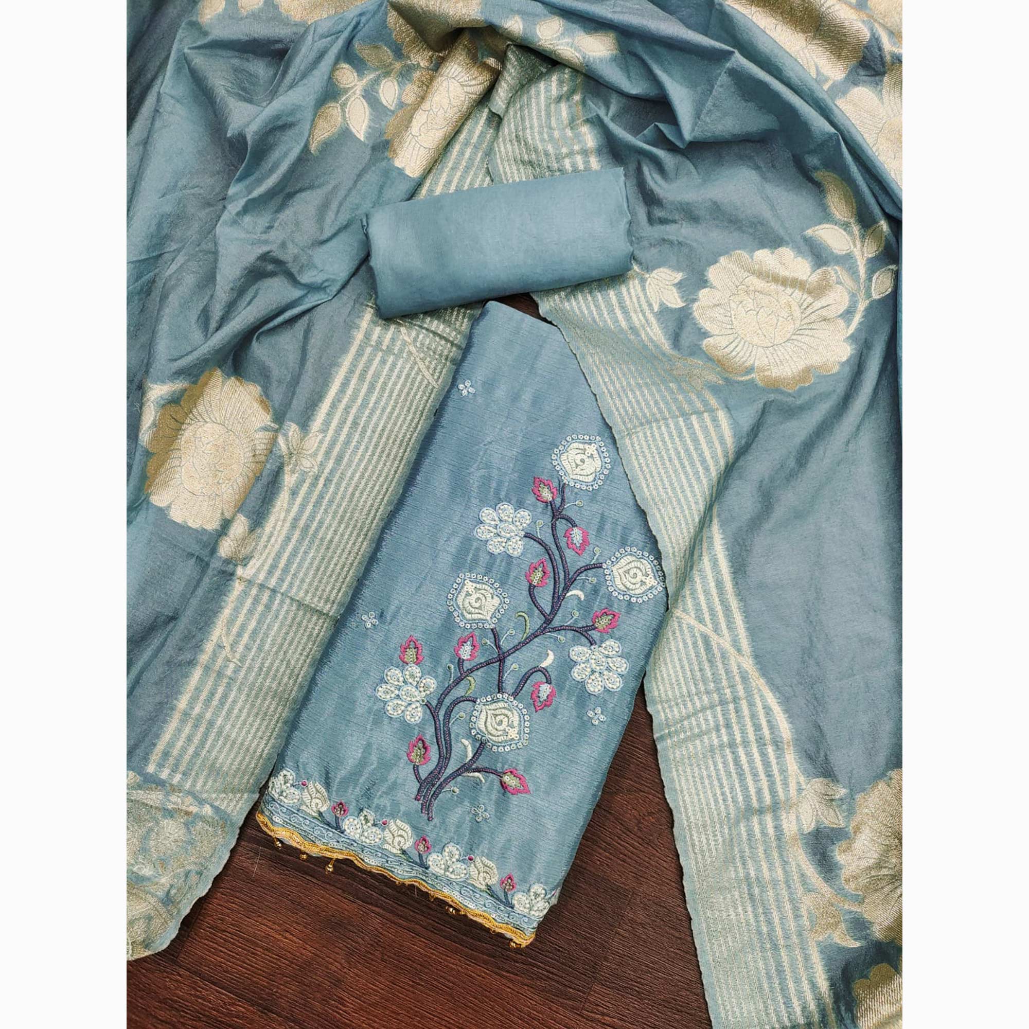 Blue Floral Embroidered Chinon Silk Dress Material - Image 3