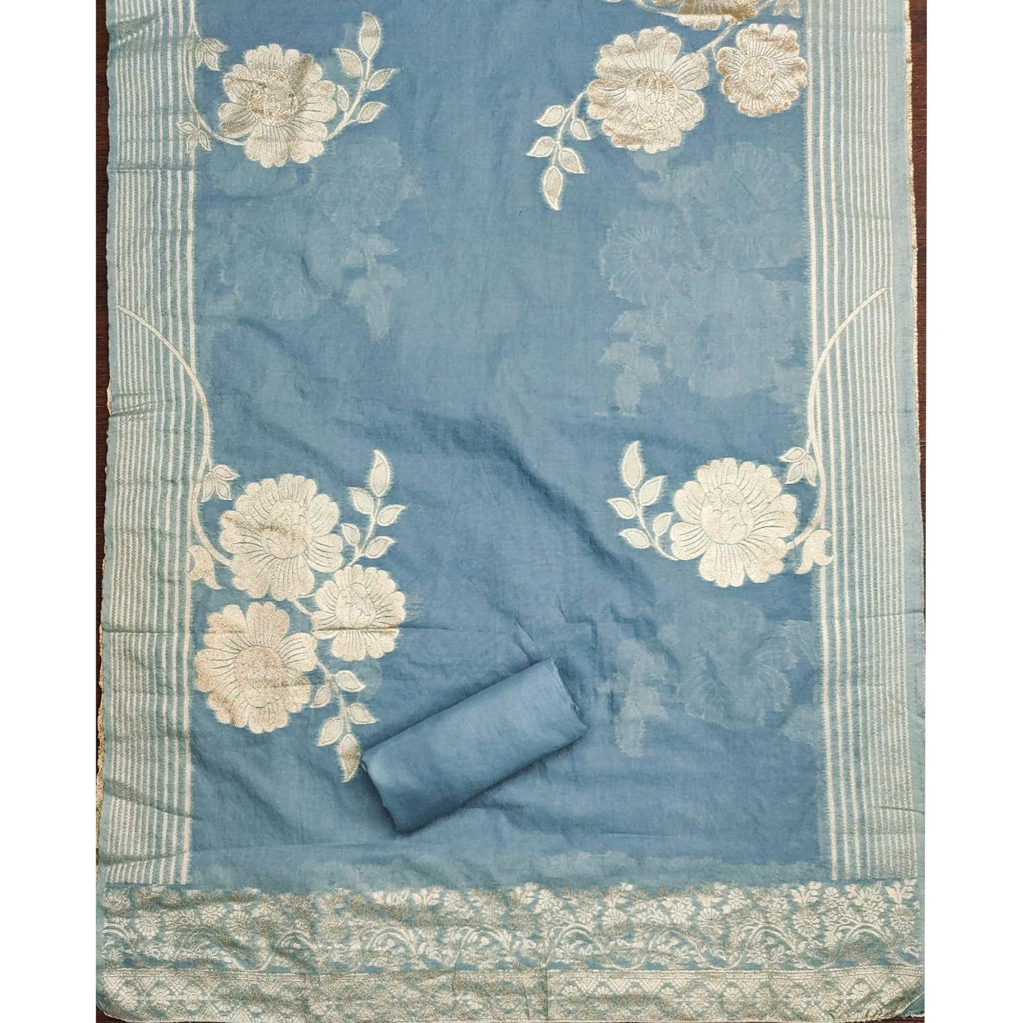 Blue Floral Embroidered Chinon Silk Dress Material - Image 4