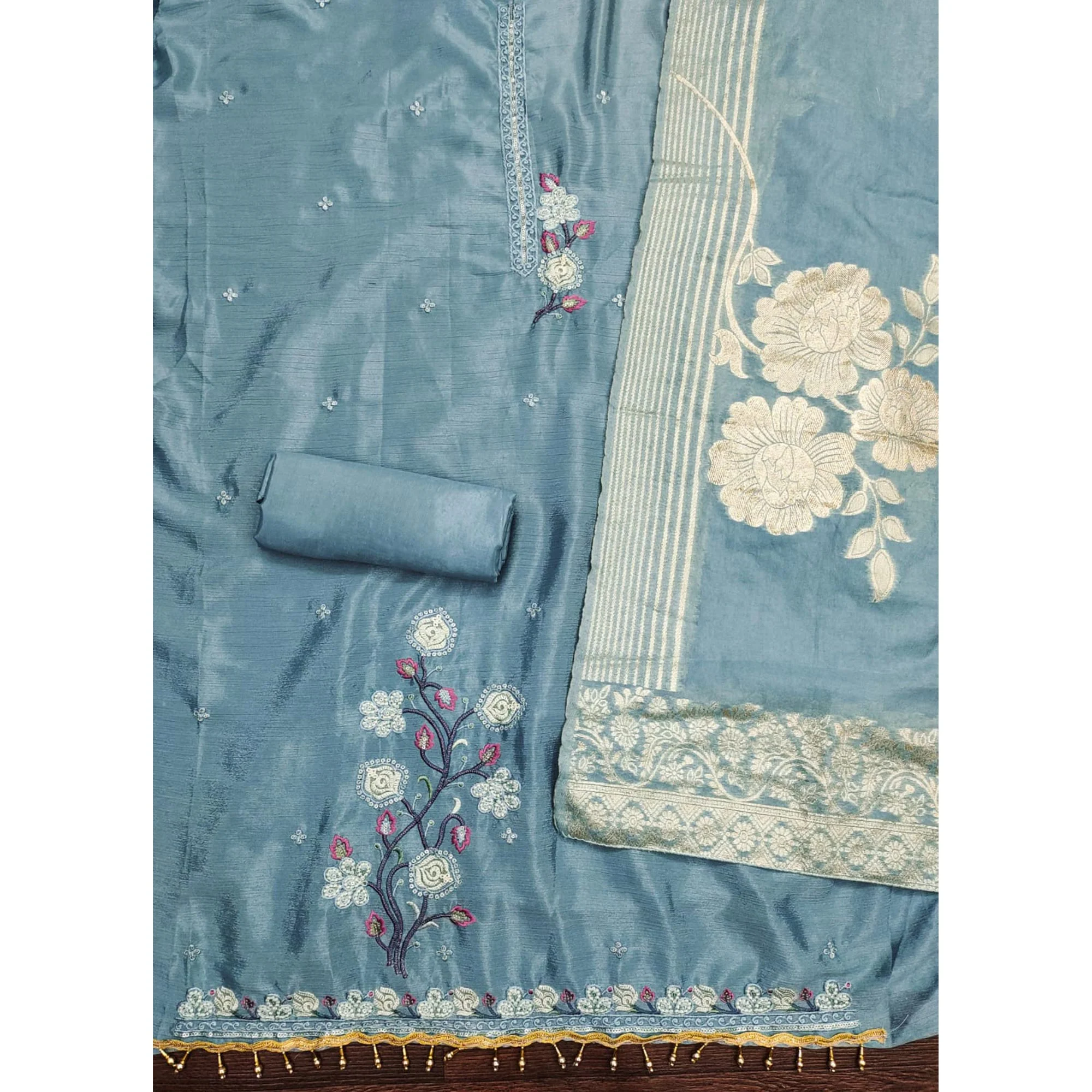 Blue Floral Embroidered Chinon Silk Dress Material - Image 5