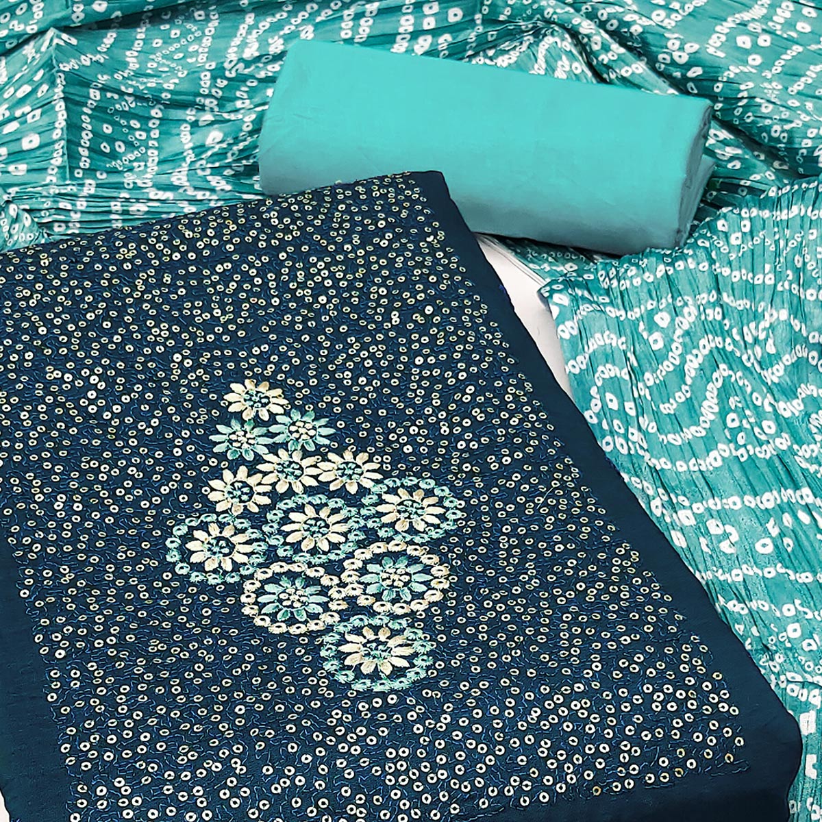 Blue Floral Embroidered Cotton Blend Dress Material Adorned With Sparkling Sequins Work - Image 2