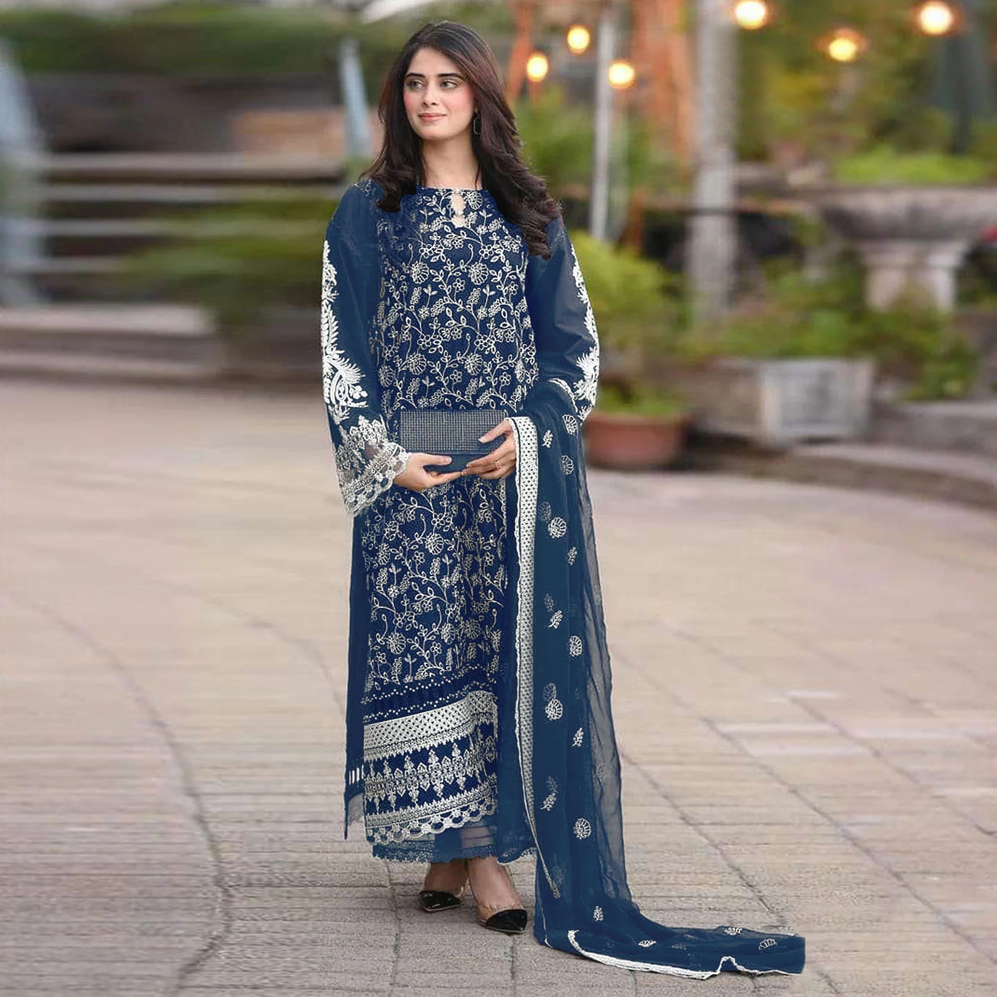 Blue Floral Embroidered Georgette Semi Stitched Pakistani Suit - Image 2