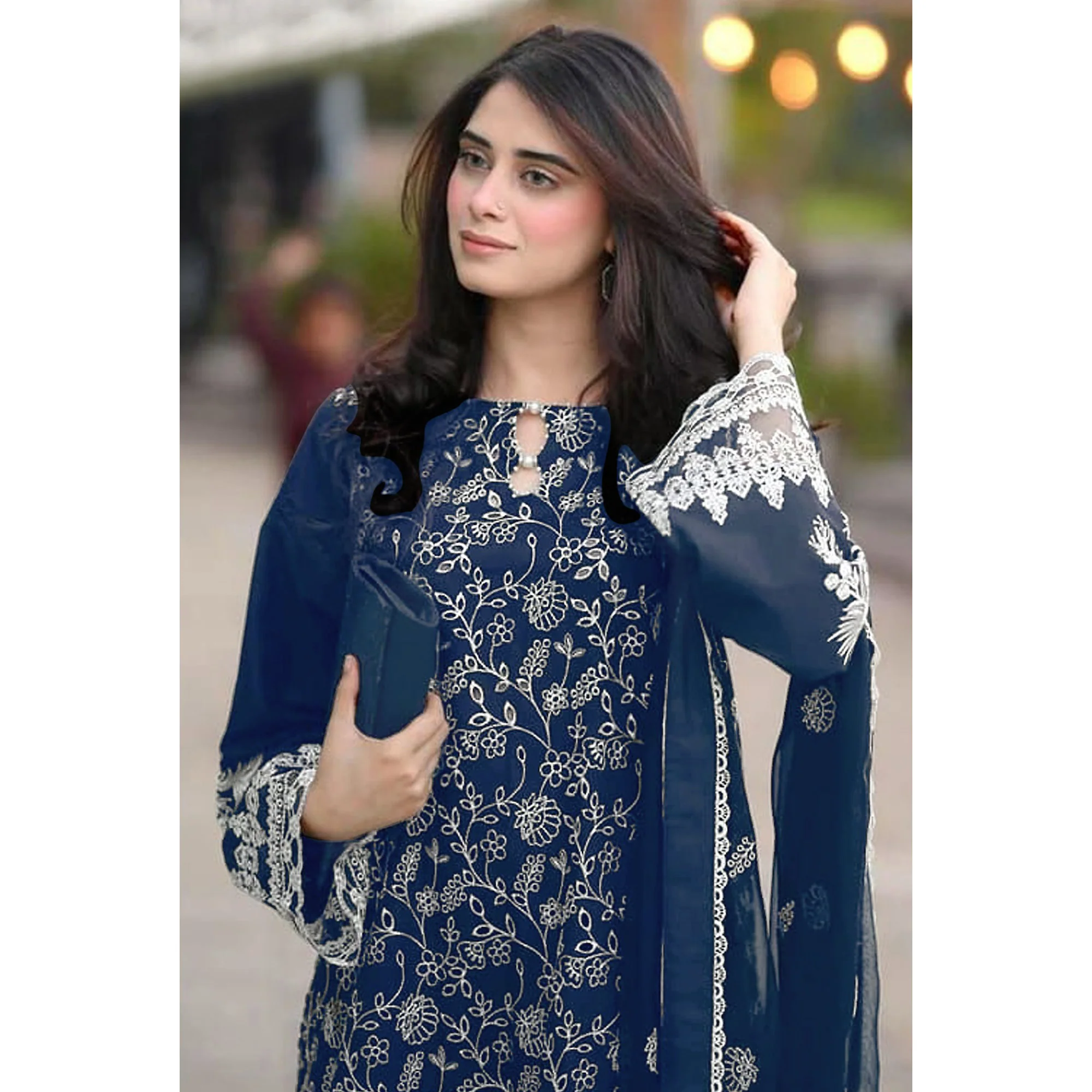 Blue Floral Embroidered Georgette Semi Stitched Pakistani Suit - Image 4