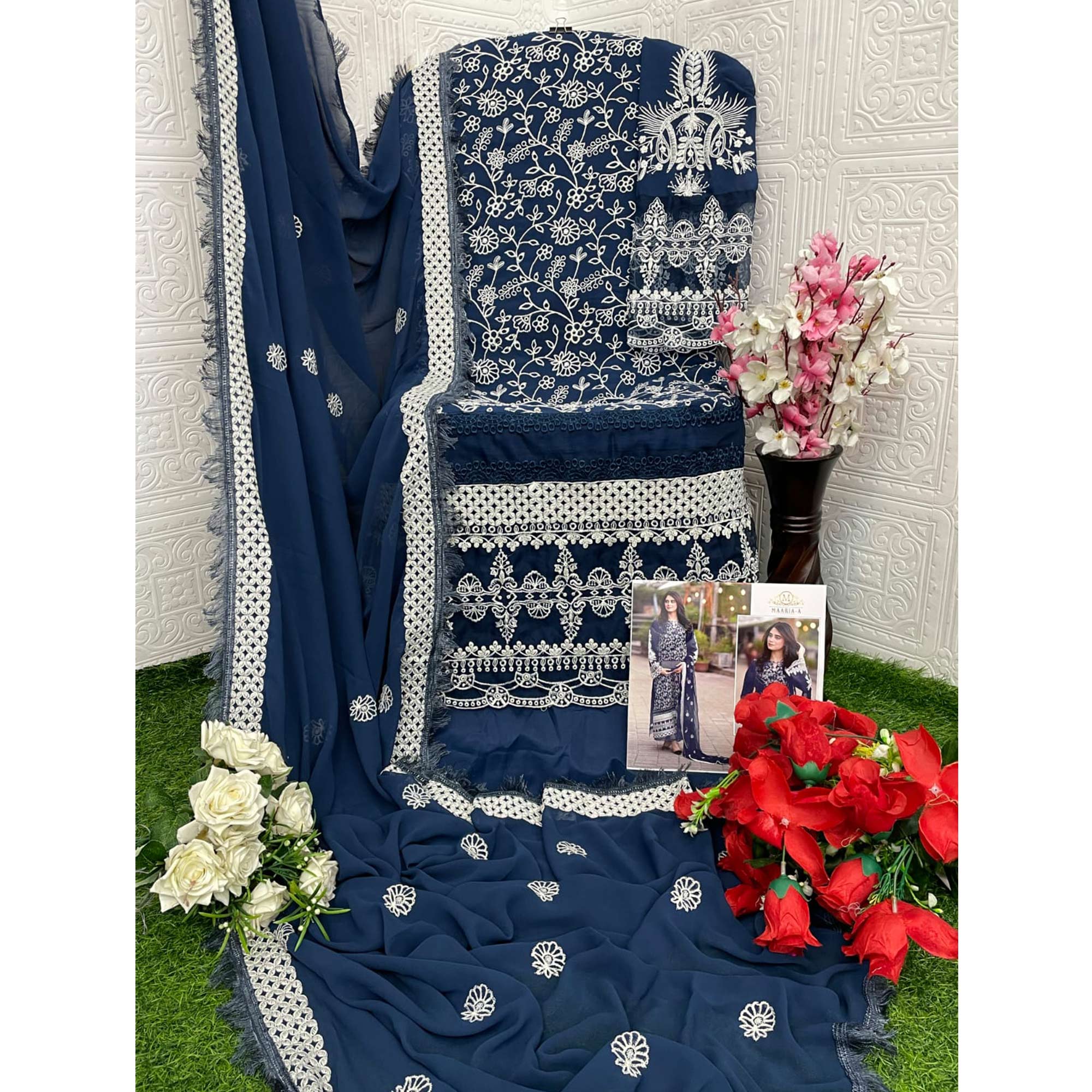 Blue Floral Embroidered Georgette Semi Stitched Pakistani Suit - Image 5