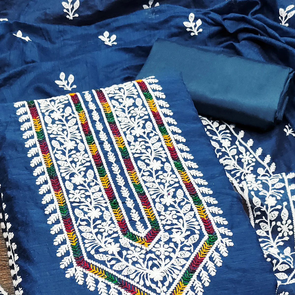 Blue Floral Embroidered Modal Chanderi Silk Dress Material - Image 2
