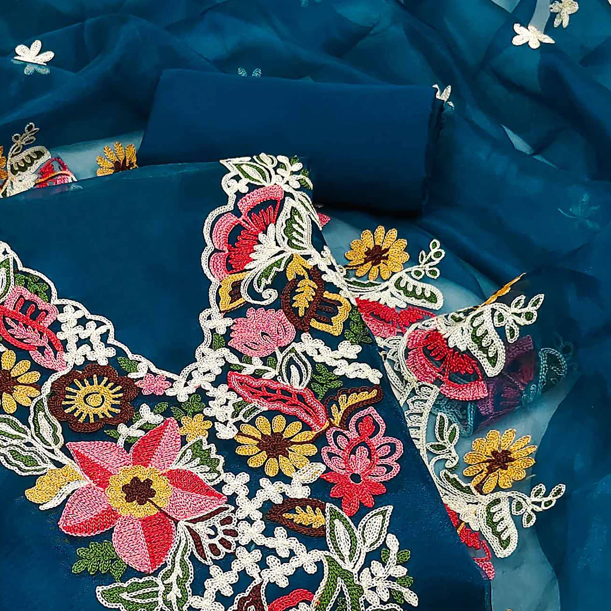 Blue Floral Embroidered Organza Dress Material - Image 2