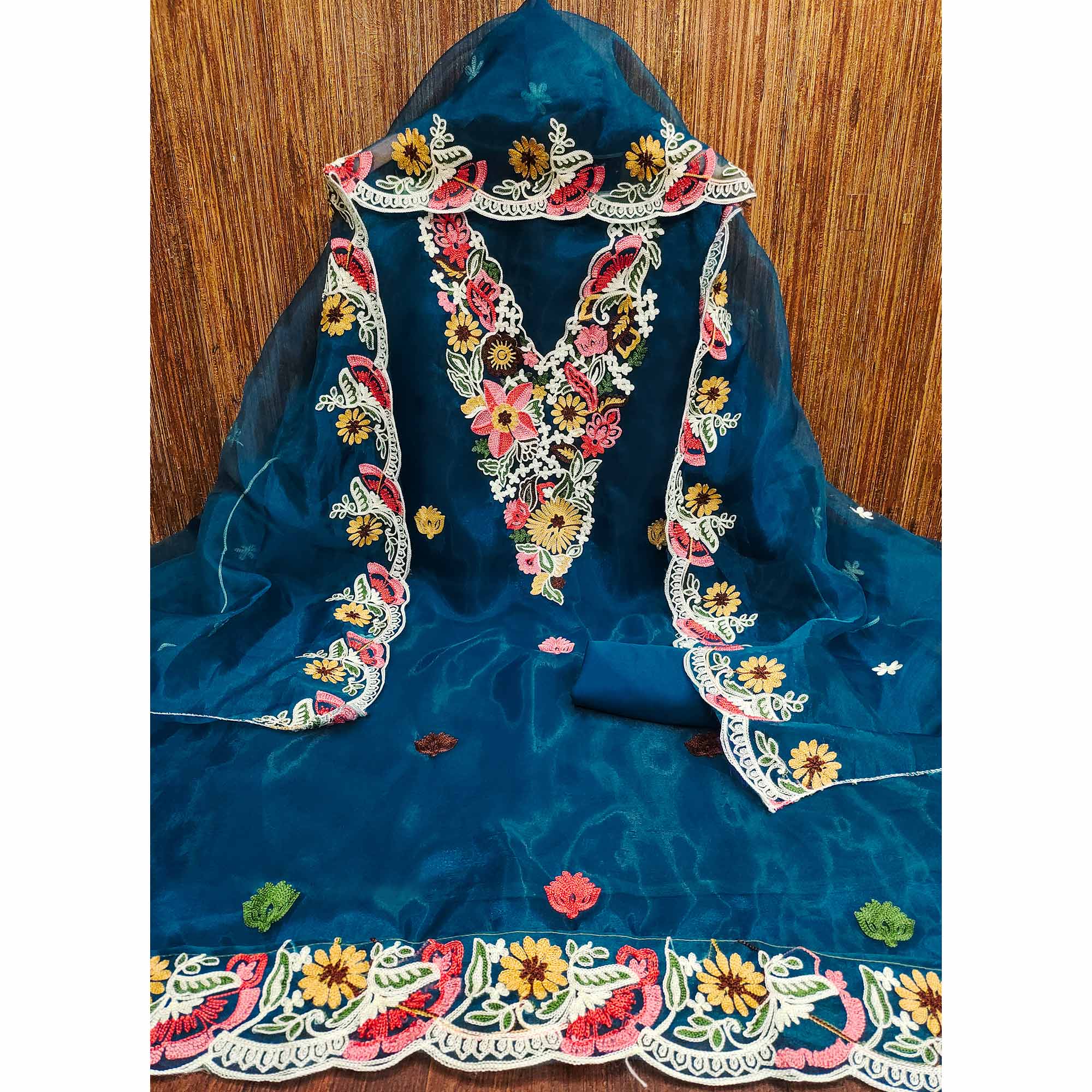 Blue Floral Embroidered Organza Dress Material - Image 3