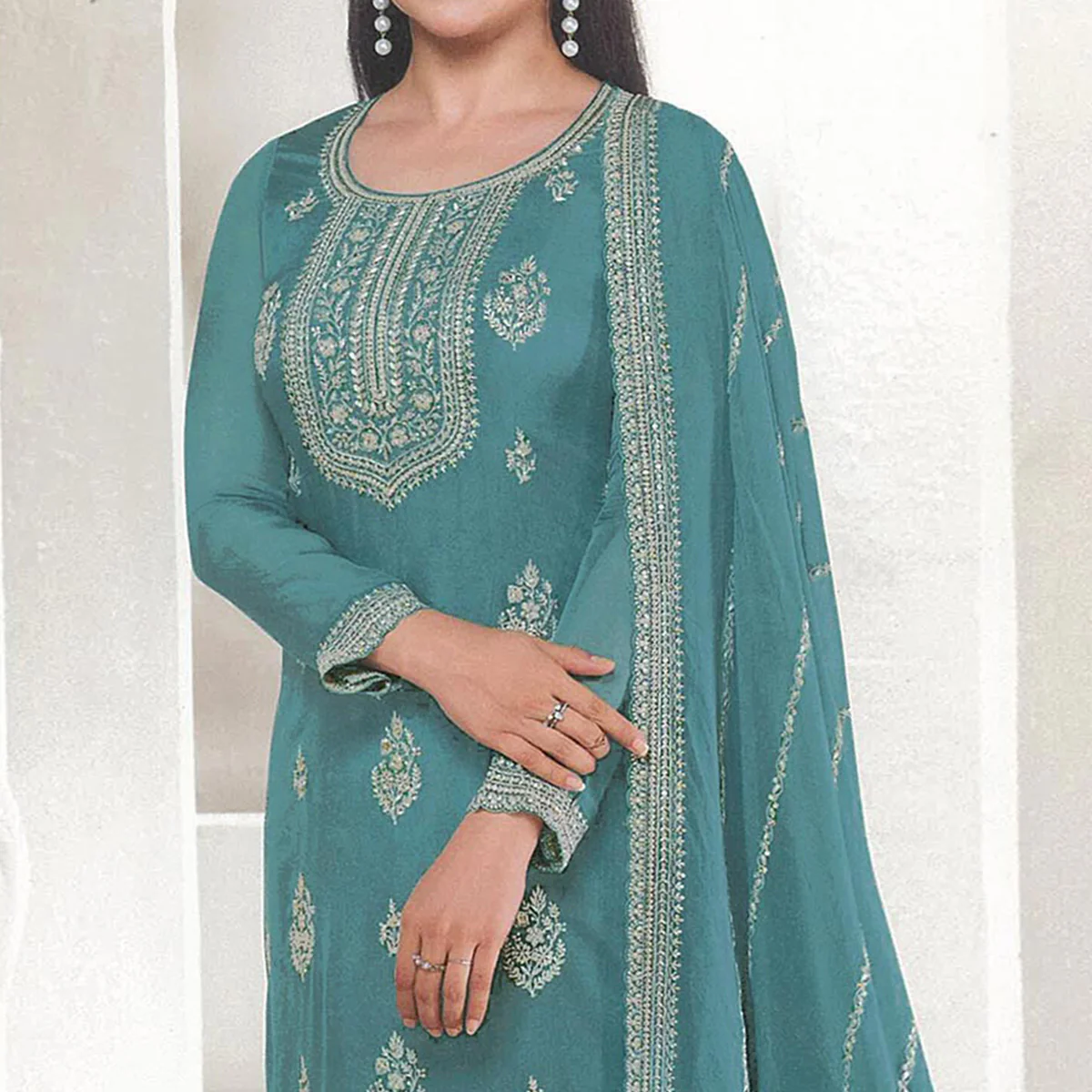 Blue Floral Embroidered Organza Semi Stitched Salwar Suit - Image 3