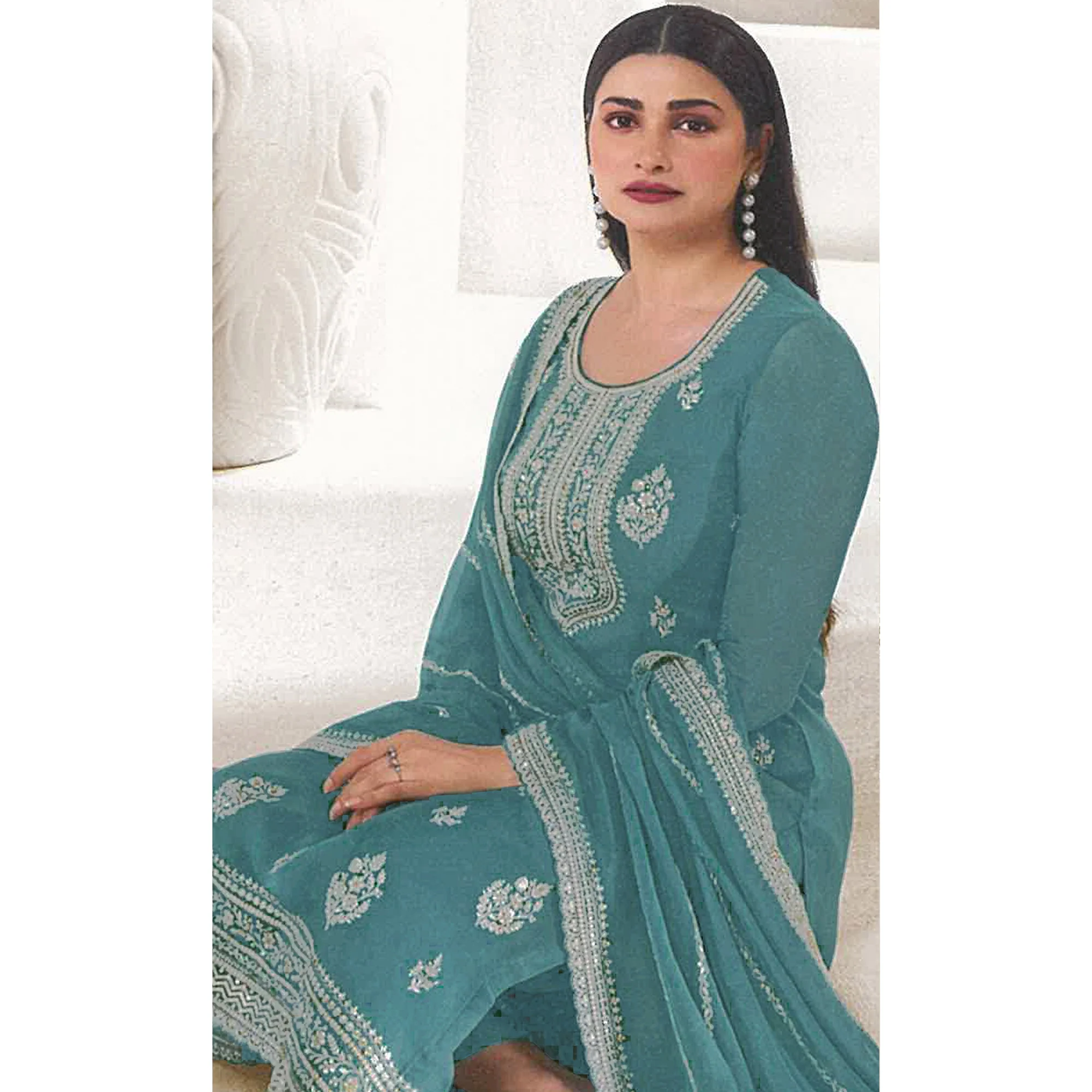 Blue Floral Embroidered Organza Semi Stitched Salwar Suit - Image 4