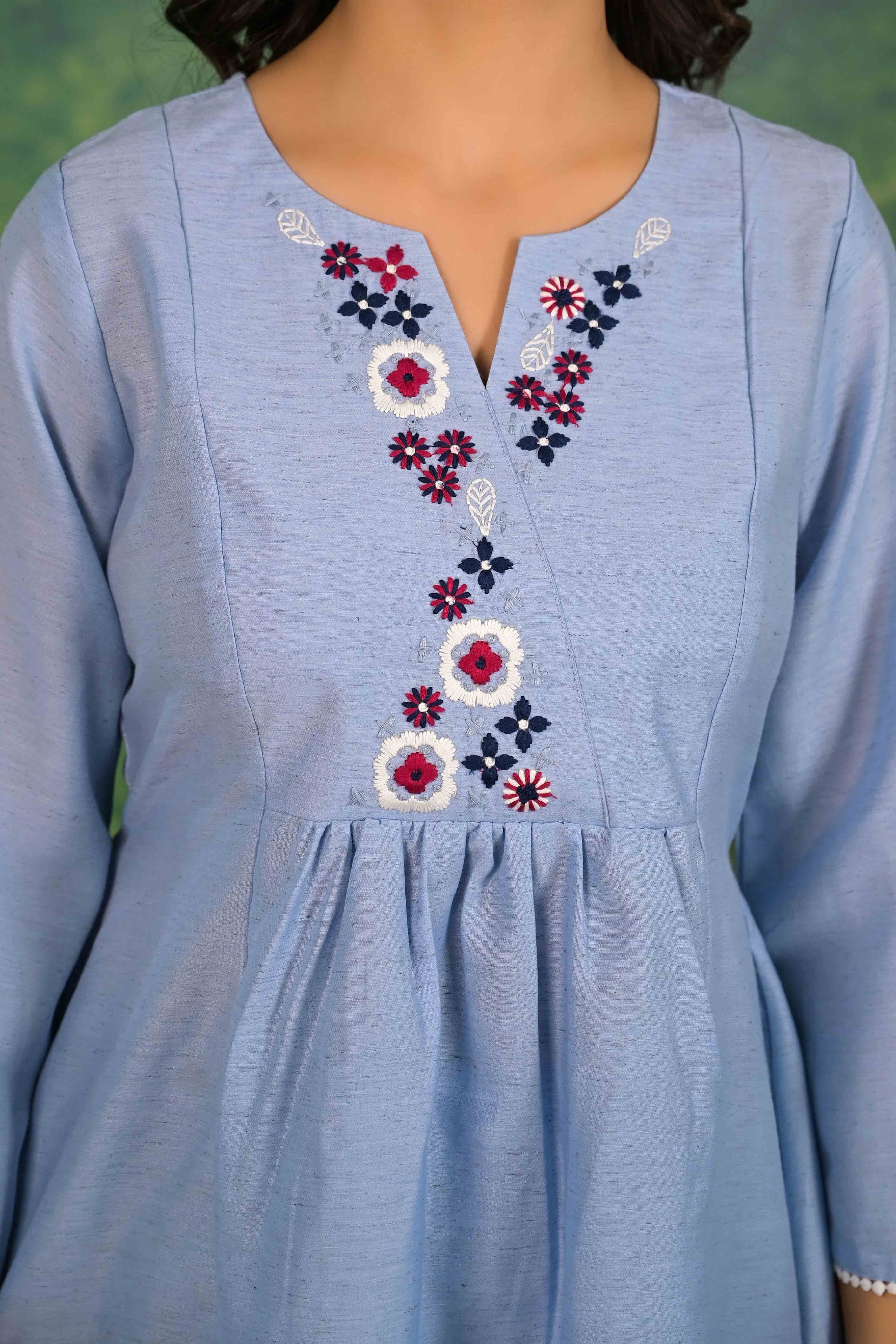 Blue Floral Embroidered Pure Cotton Top Bottom Set - Image 3