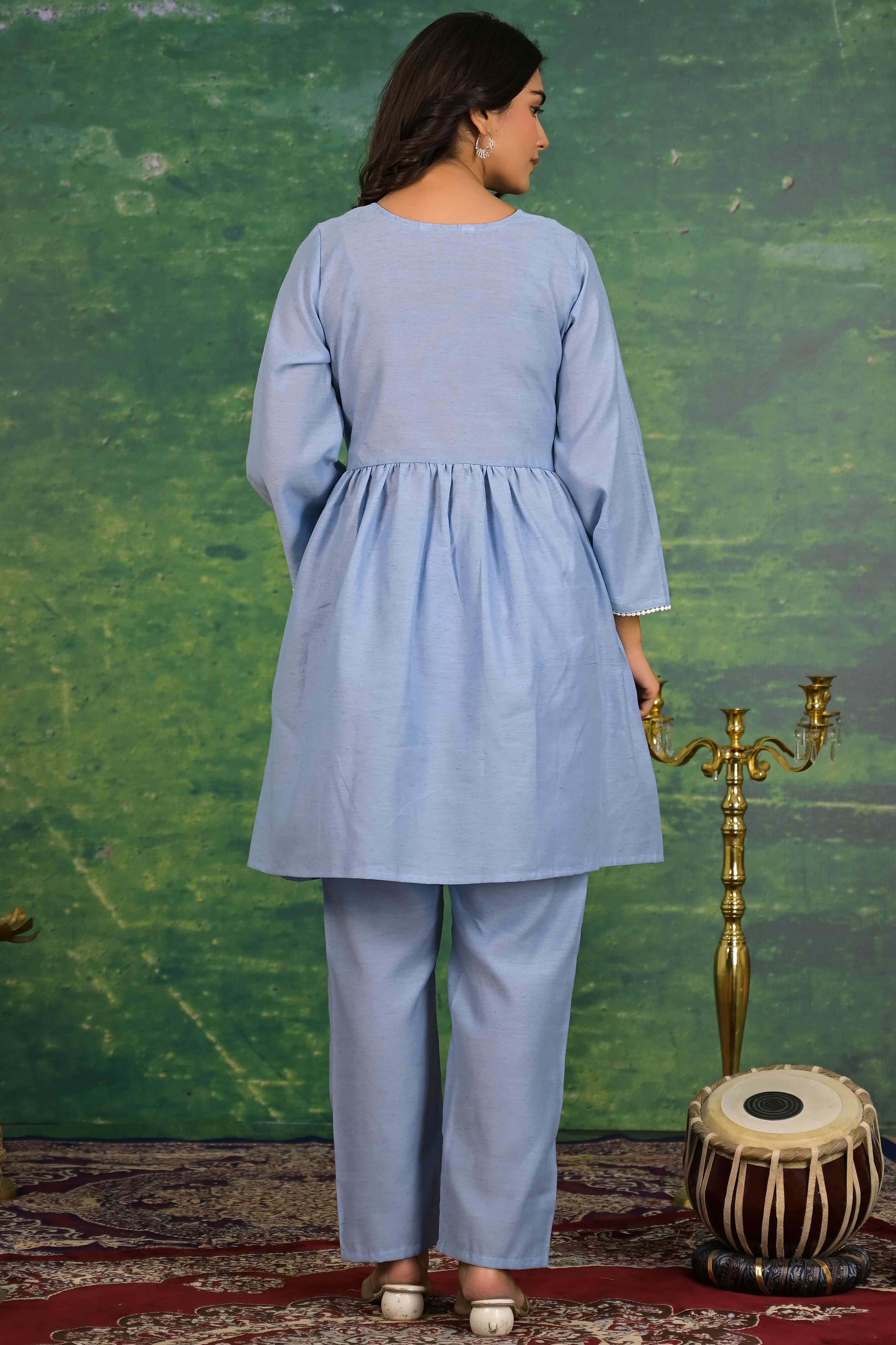 Blue Floral Embroidered Pure Cotton Top Bottom Set - Image 4