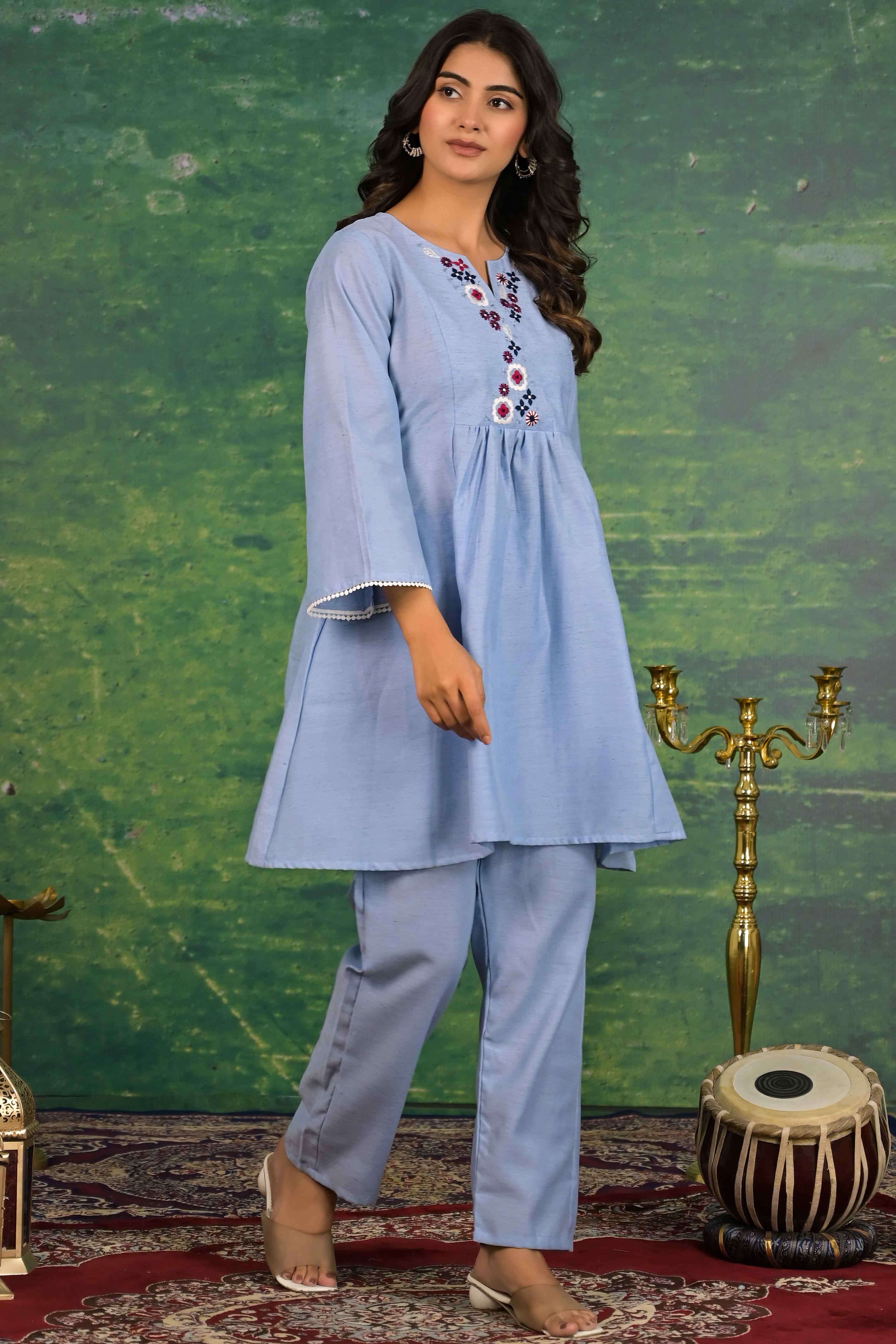 Blue Floral Embroidered Pure Cotton Top Bottom Set - Image 5