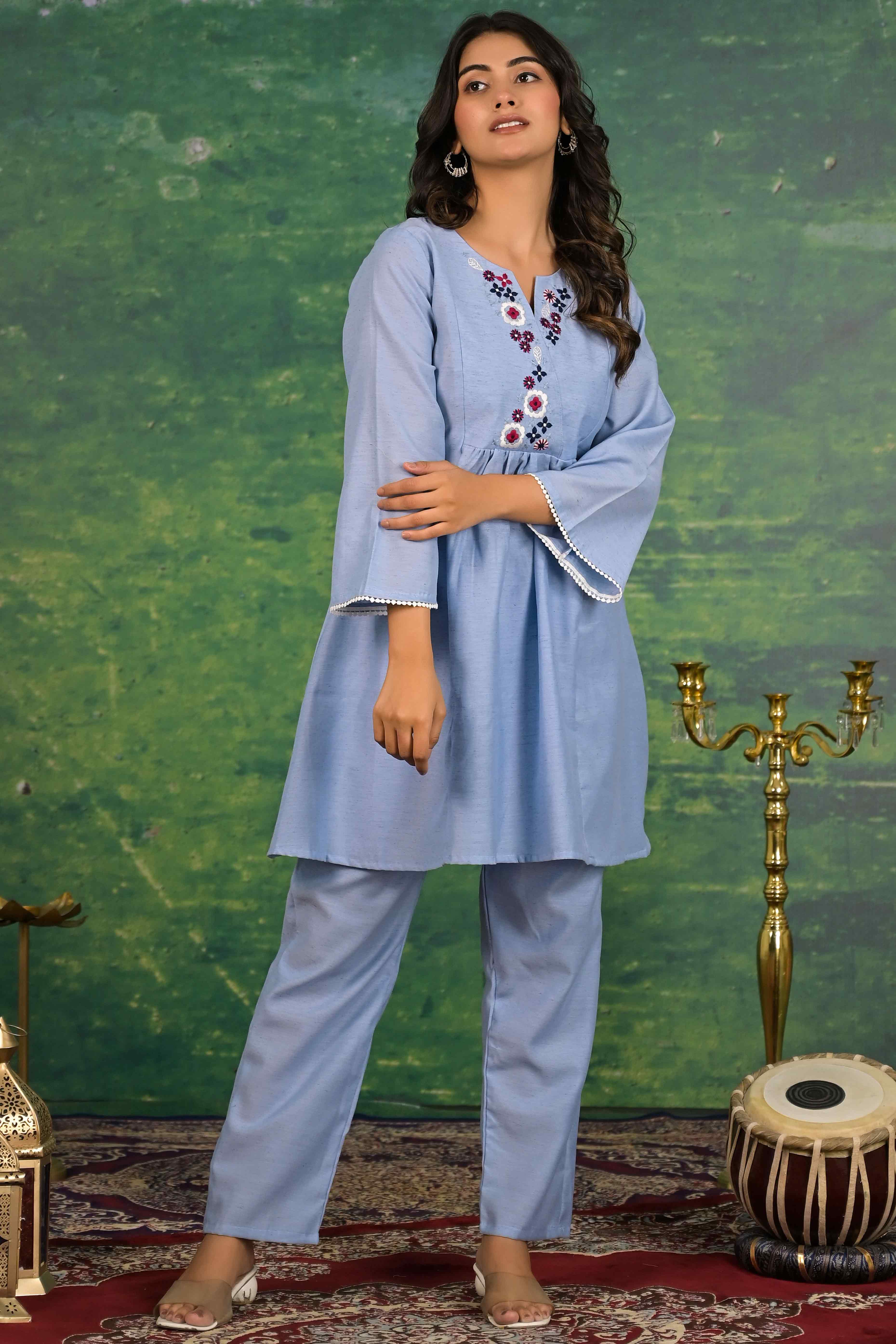 Blue Floral Embroidered Pure Cotton Top Bottom Set - Image 6