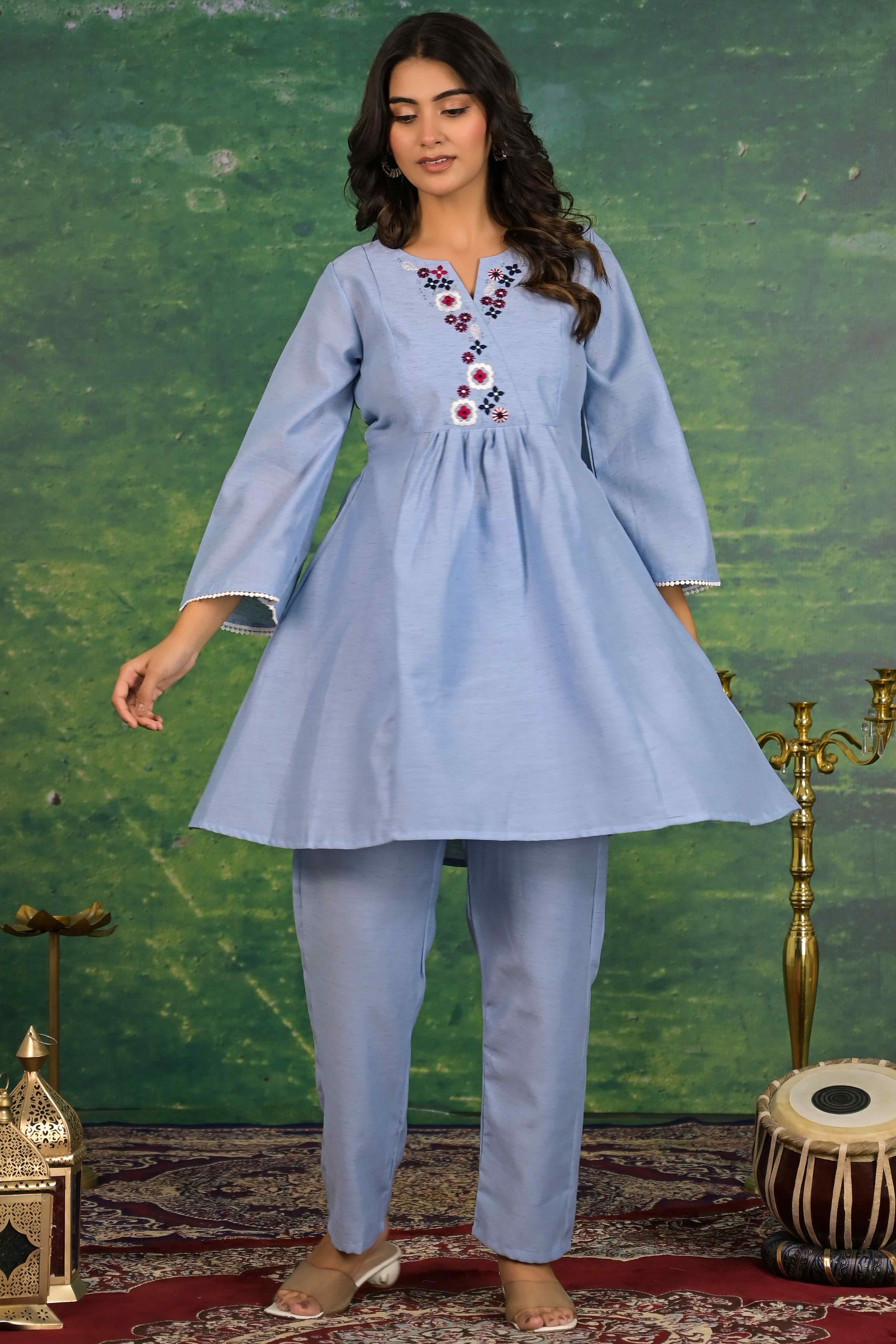 Blue Floral Embroidered Pure Cotton Top Bottom Set - Image 7