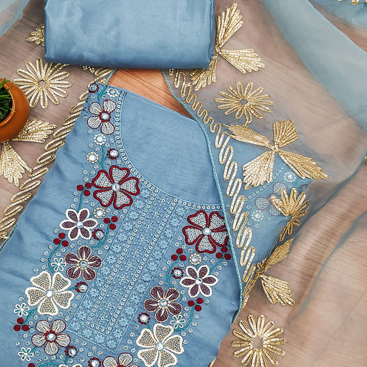 Blue Floral Embroidered Soft Organza Dress Material - Image 2